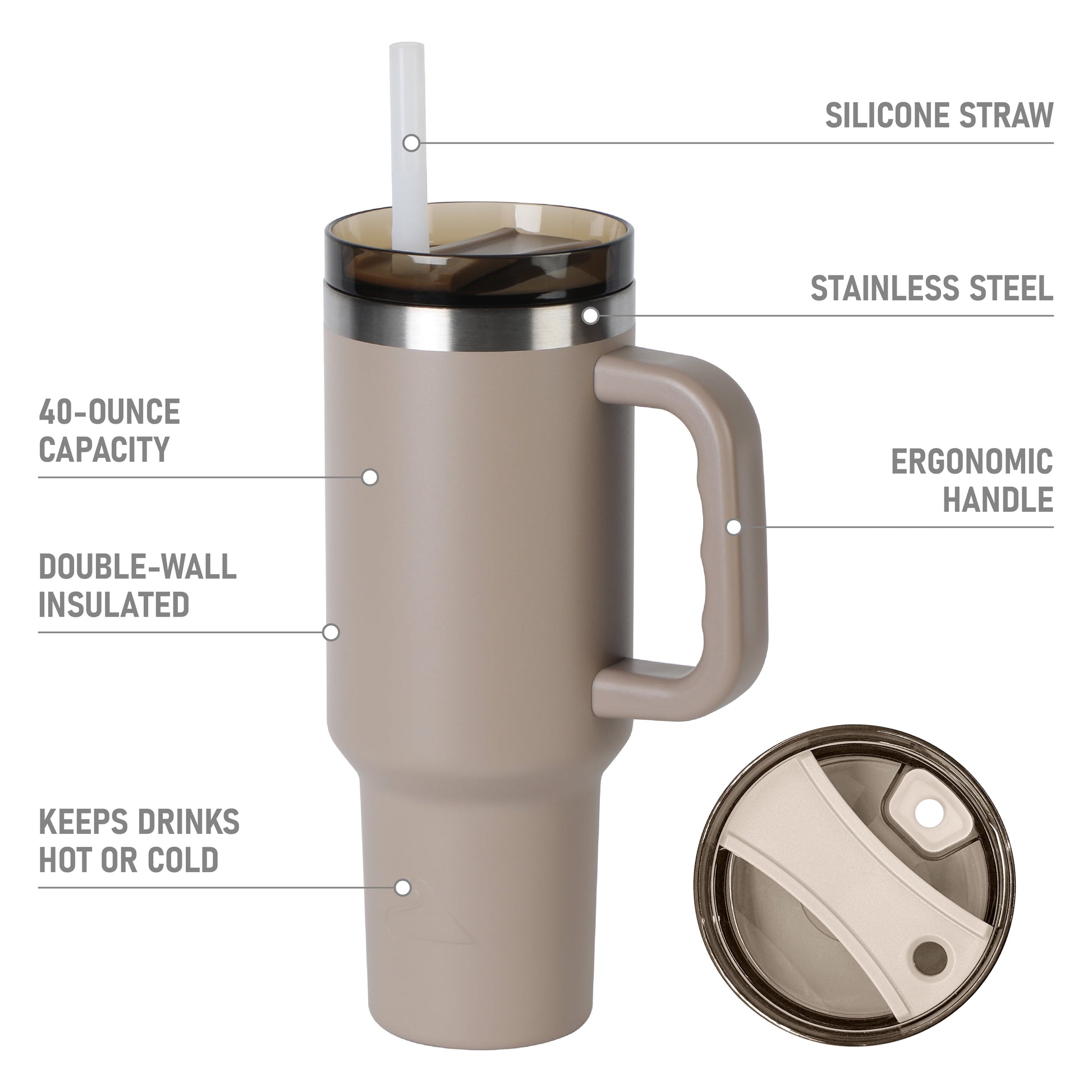 40 Oz Stainless Steel Insulated Tumbler with Handle, Tan
