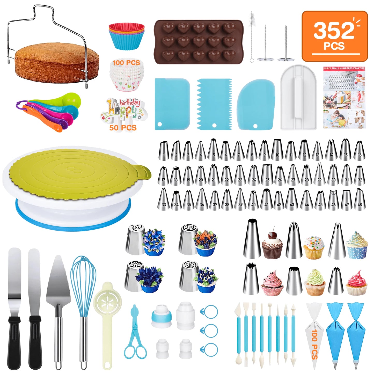 352 Pcs Decorating Supplies Kit , Cake Decorating Kit with 48 Numbered Piping and 6 Korean Tips, Cupcake Decorating Kit with 100 Icing Bags ,Cake Baking Supplies with Non-Slip Rotating Turntable