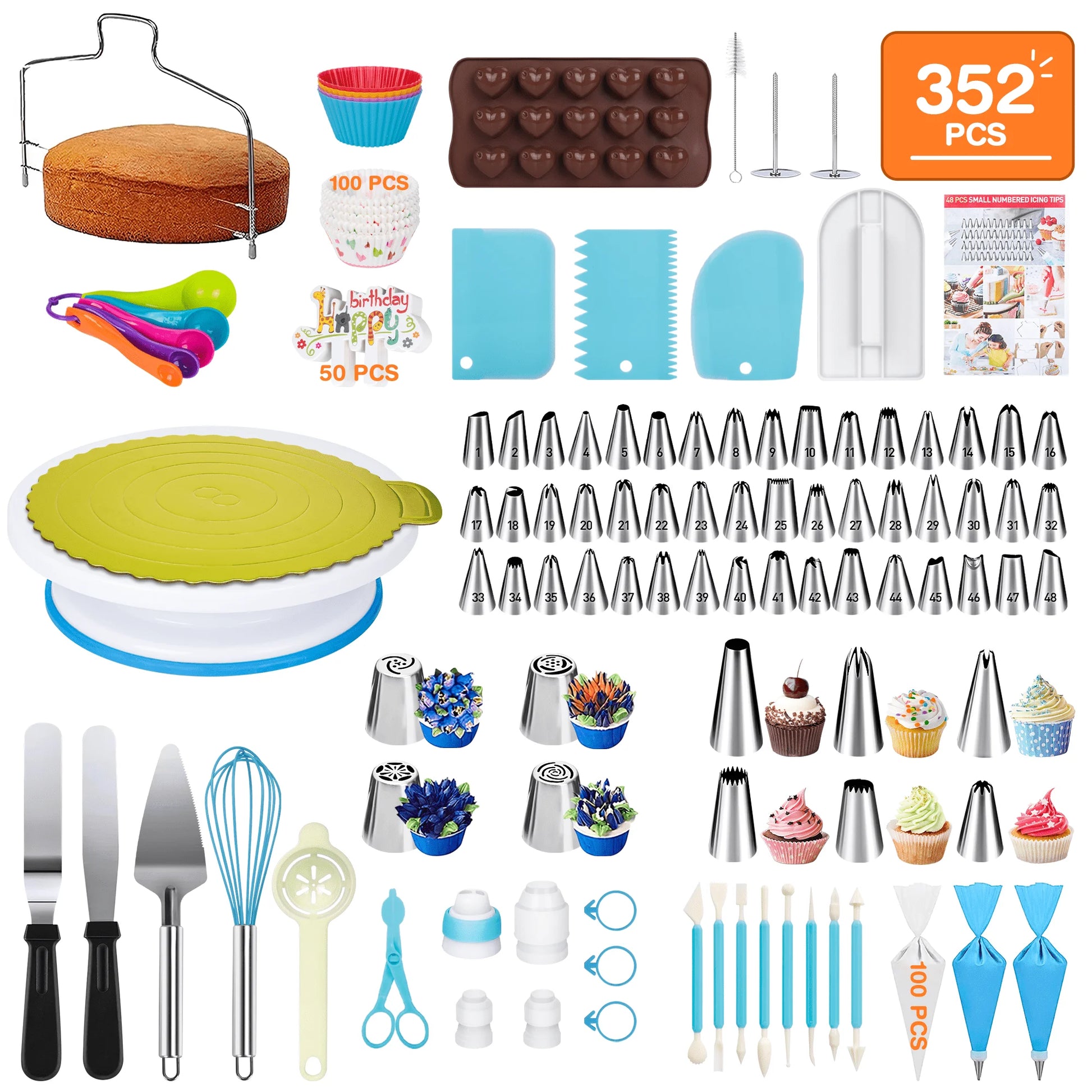 352 Pcs Decorating Supplies Kit , Cake Decorating Kit with 48 Numbered Piping and 6 Korean Tips, Cupcake Decorating Kit with 100 Icing Bags ,Cake Baking Supplies with Non-Slip Rotating Turntable