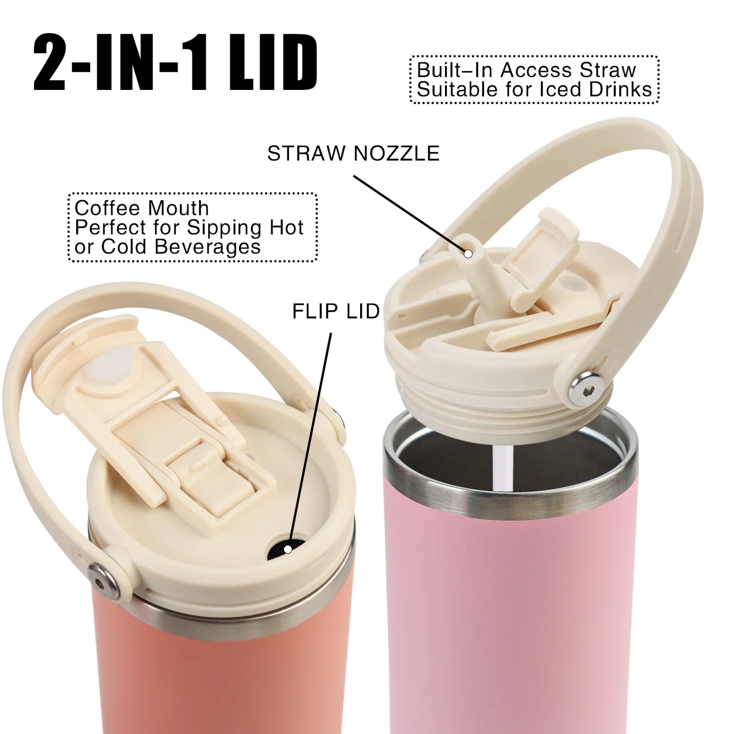 30 Oz Insulated Water Bottles with Straw Lid, Double Walled Vacuum Stainless Steel Travel Tumbler with Handle and Straw, Wide Mouth Thermos Bottle, Pink
