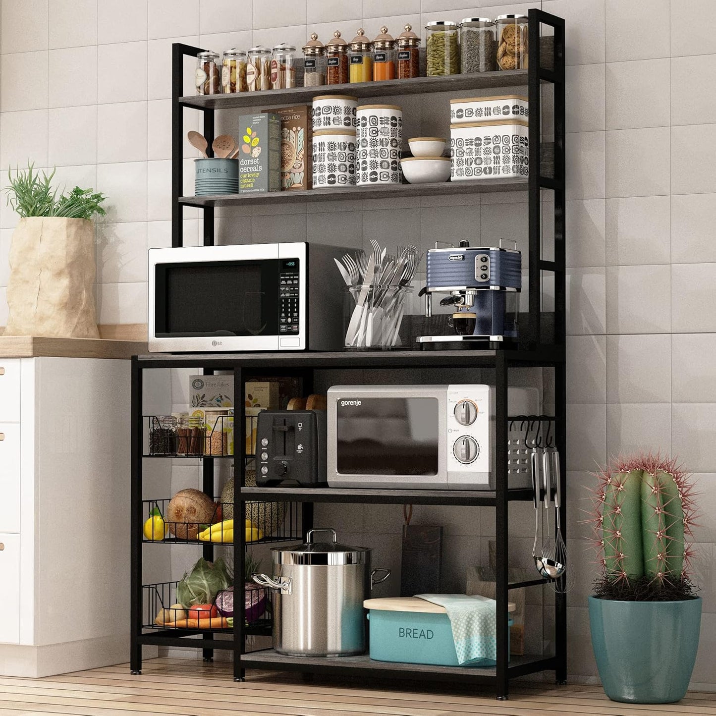 Kitchen Bakers Rack with Baskets,Free Standing Shelf,5-Tier Kitchen Utility Storage Shelf with Hooks, Microwave Oven Stand Rack Grey