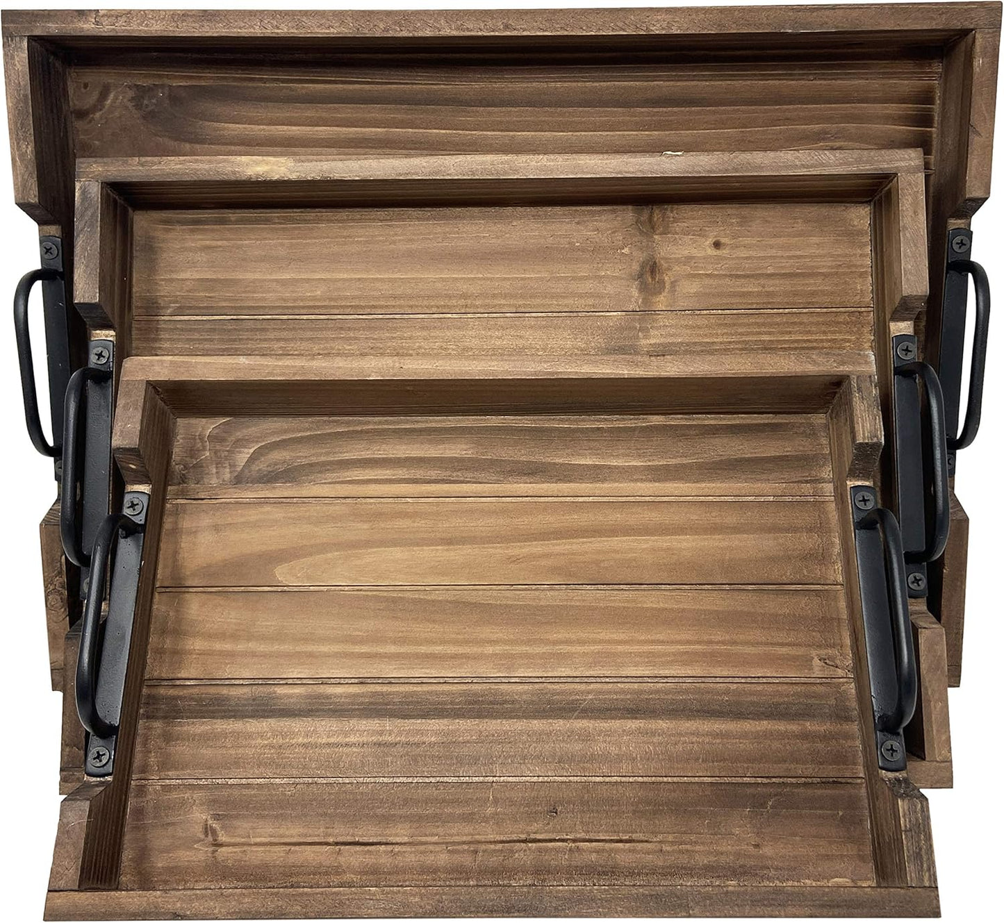 3 Piece Decorative Nested Vintage Wood Serving Tray Set for Coffee Table or Ottoman ? Rustic Wooden Breakfast Trays for Kitchen, Dining Room, or Living Room ? Farmhouse Platter w/Handles ? Brown