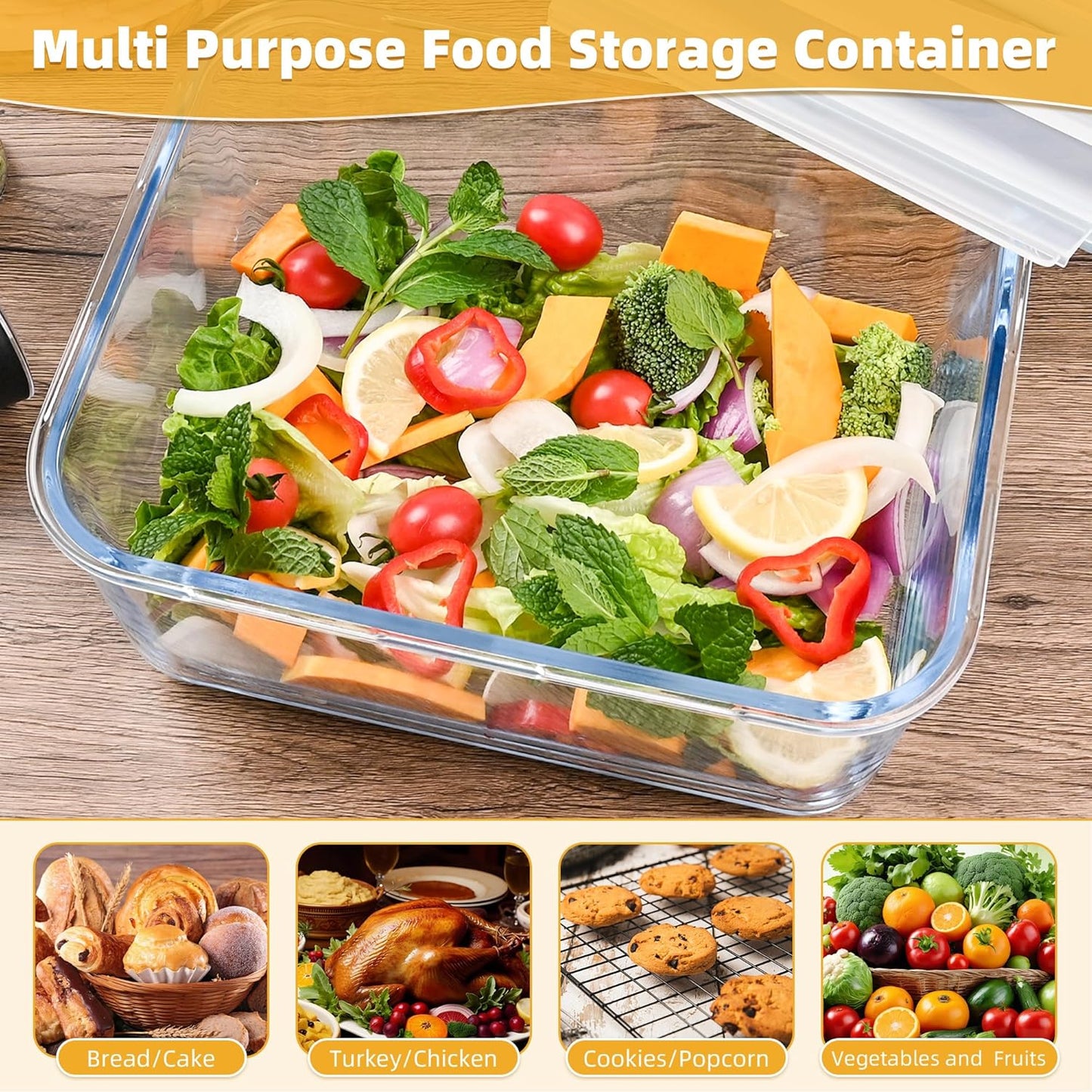 Glass Bread Box Airtight Bread Container, 190oz / 24Cup Large Glass Storage Containers with Lids, Ideal Airtight Food Storage Containers, Roasting Turkey/Chicken/Cookie, Oven&Dishwasher Safe