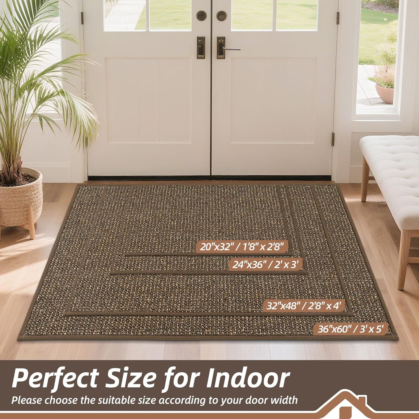 BEQHAUSE Dirt Trapper Door Mat 32" x 48", Non-Slip Washable Doormats Entrance Mat, Dirt Resistant and Absorbent Welcome Mat, Low Profile Floor Mats for Front Back Door and Entryway, Brown