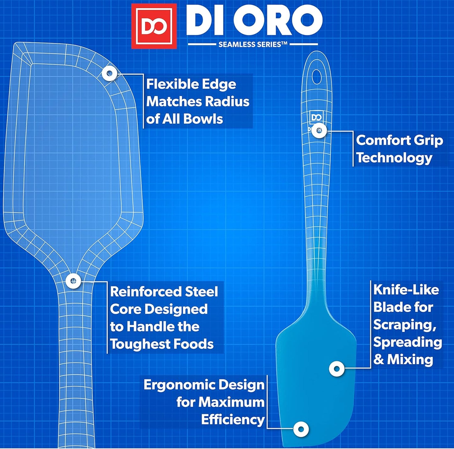 DI ORO Silicone Spatula - 600°F Heat-Resistant Rubber Kitchen Spatula for Baking, Scraping, & Mixing - BPA Free Nonstick Cookware Safe Flexible Utensil for Cooking - Seamless & Dishwasher Safe (Blue)