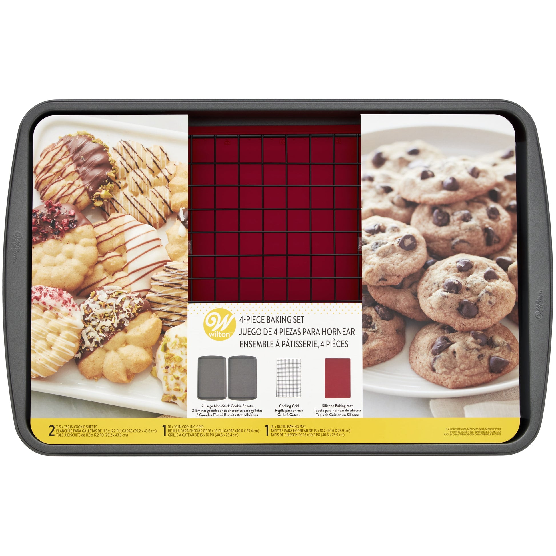 Nonstick Cookie Sheet, Cooling Grid and Silicone Baking Mat Bakeware Set, 4-Piece