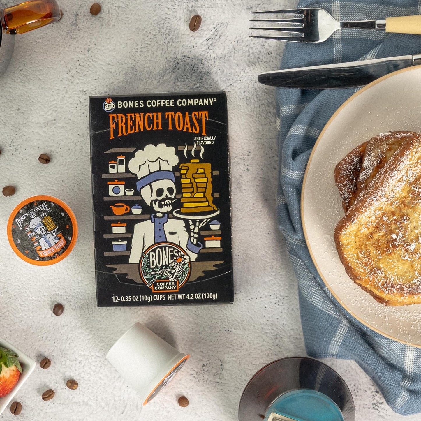 Bones Coffee Company Flavored Coffee Bones Cups French Toast | 12ct Single-Serve Coffee Pods Compatible With 1.0 & 2.0 Keurig Coffee Maker | Sweet Buttery Flavor Aroma
