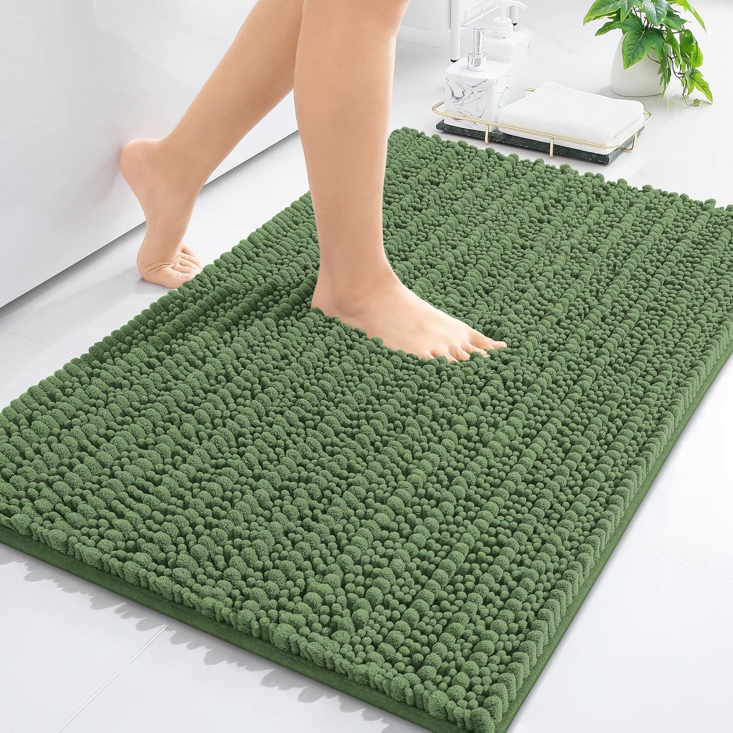Arotive Luxury Chenille Bathroom Rug Mat, Extra Soft Thick Absorbent Shaggy Bath Rugs, Non-Slip Machine Wash Dry, Plush Bath Mats for Bathroom, Shower and Tub, 36x24, Olive Green