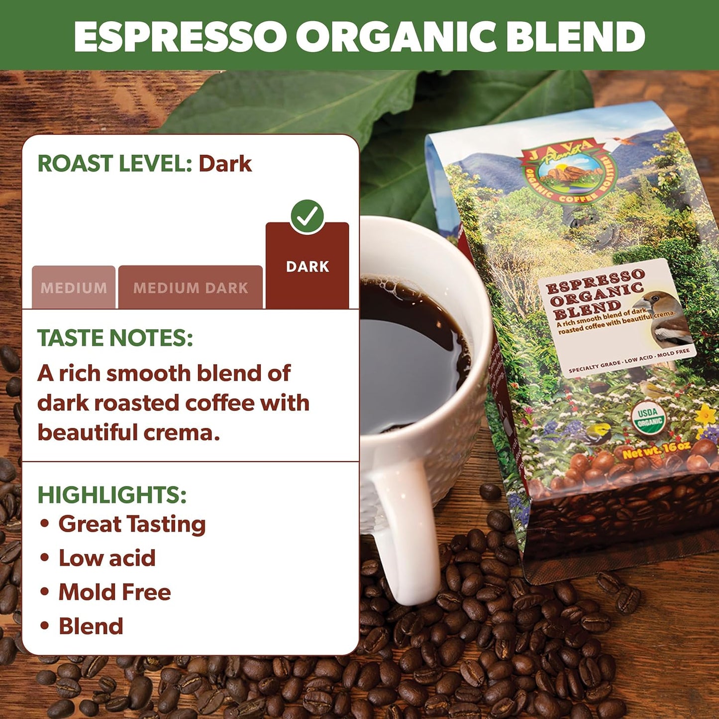 Low Acid Organic Coffee – Whole Bean, Mold-Free & Stomach Friendly by Java Planet, Espresso Blend Coffee, Dark Roast, Smooth Full Flavored, 2x1LB Bag