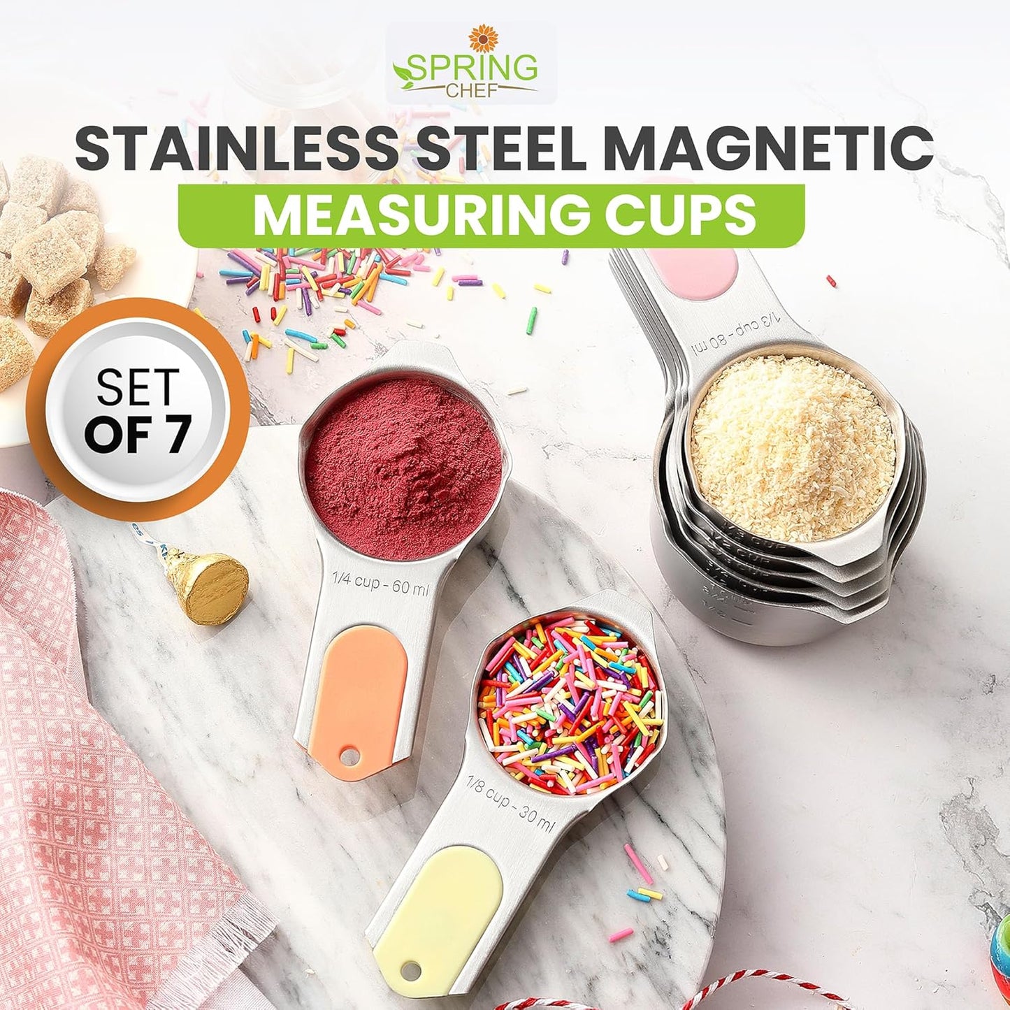 Spring Chef Magnetic Stainless Steel Measuring Cups (Patent Pending), Kitchen Tools with Easy to Read Markings for Measuring Dry or Liquid Ingredients, Set of 7, Pastel