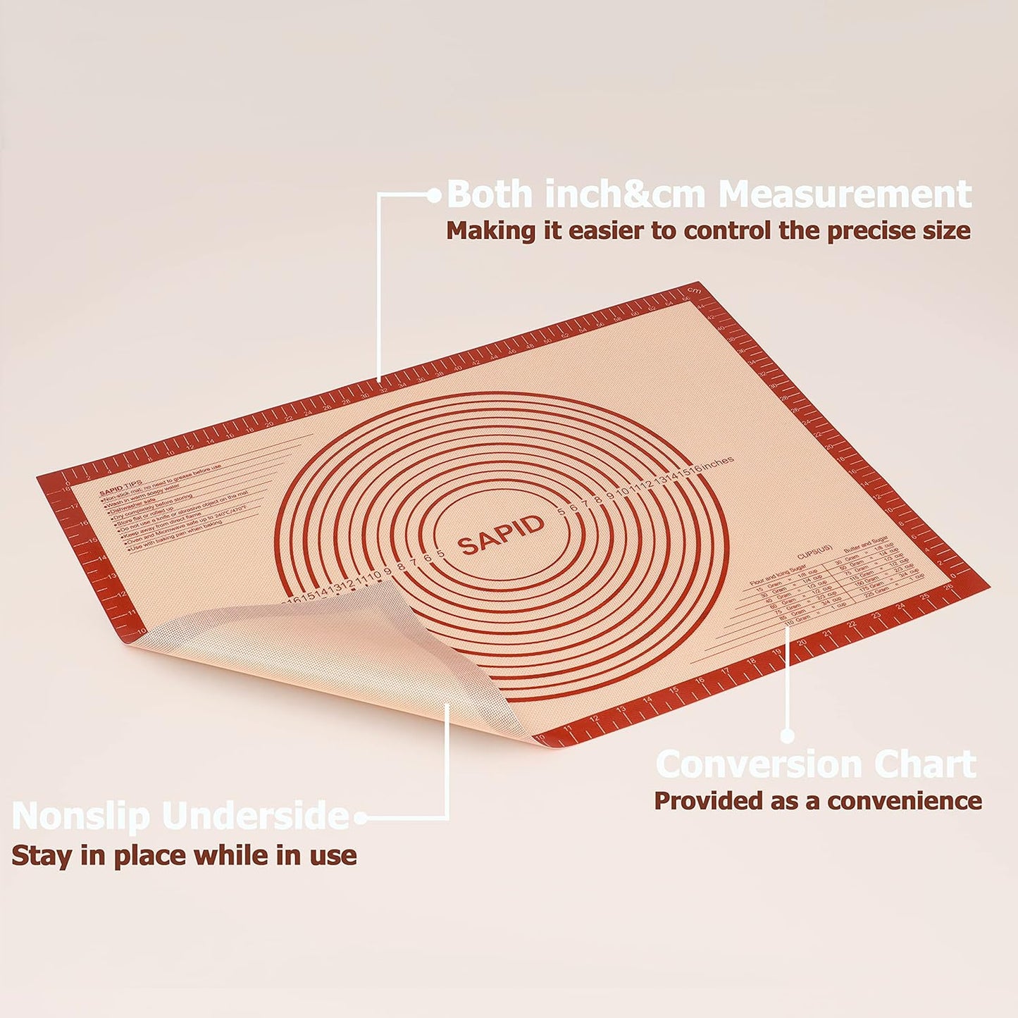 Sapid Extra Thick Silicone Pastry Mat Non-slip with Measurements for Non-stick Silicone Baking Mat Extra Large, Dough Rolling, Pie Crust, Kneading Mats, Countertop, Placement Mats (20" x 28", Red)