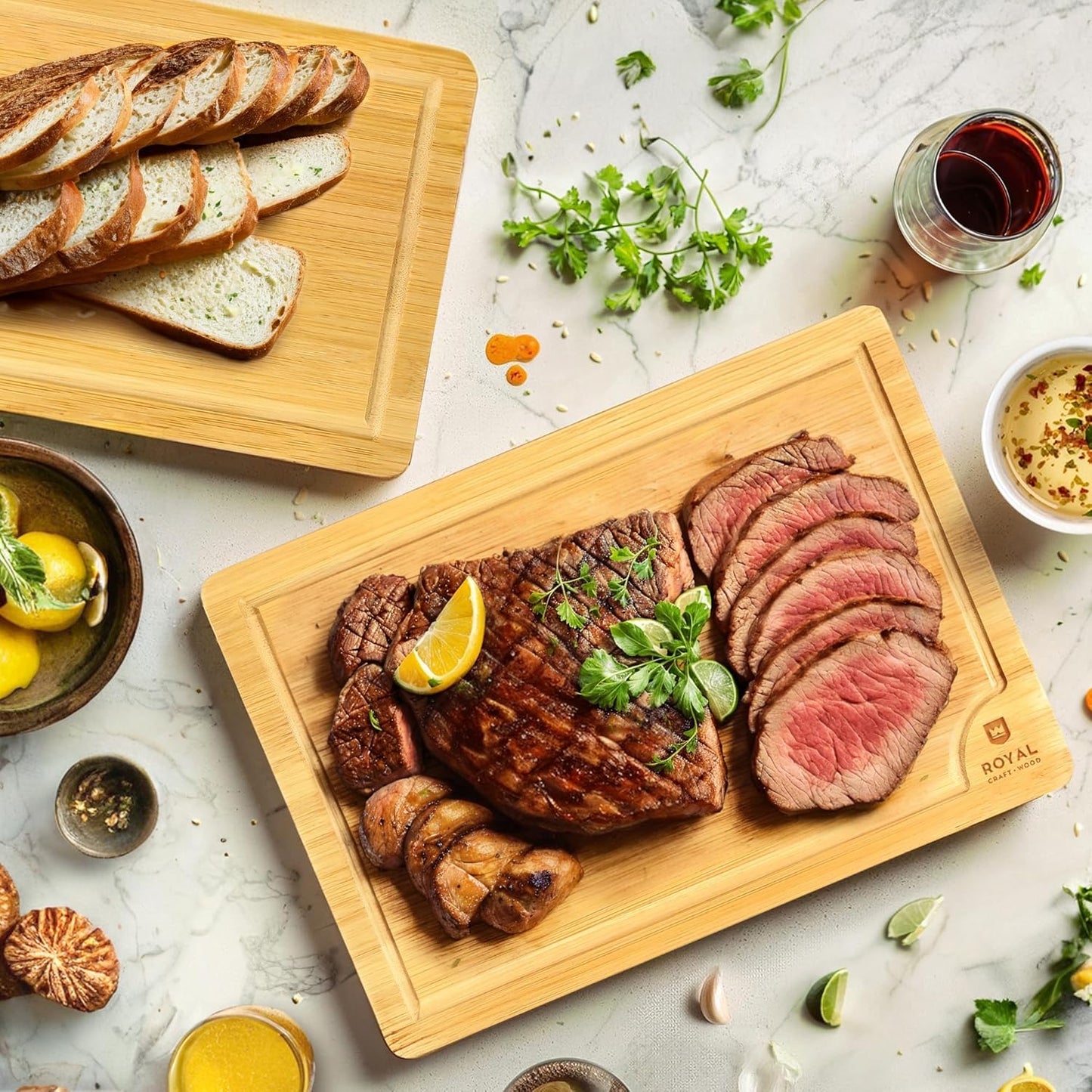 Chopping Board Set of 2 - Wooden Cutting Boards for Kitchen Meal Prep & Serving - Bamboo Wood Cutting Board Set - Charcuterie & Chopping Butcher Block for Meat - Kitchen Gadgets Gift