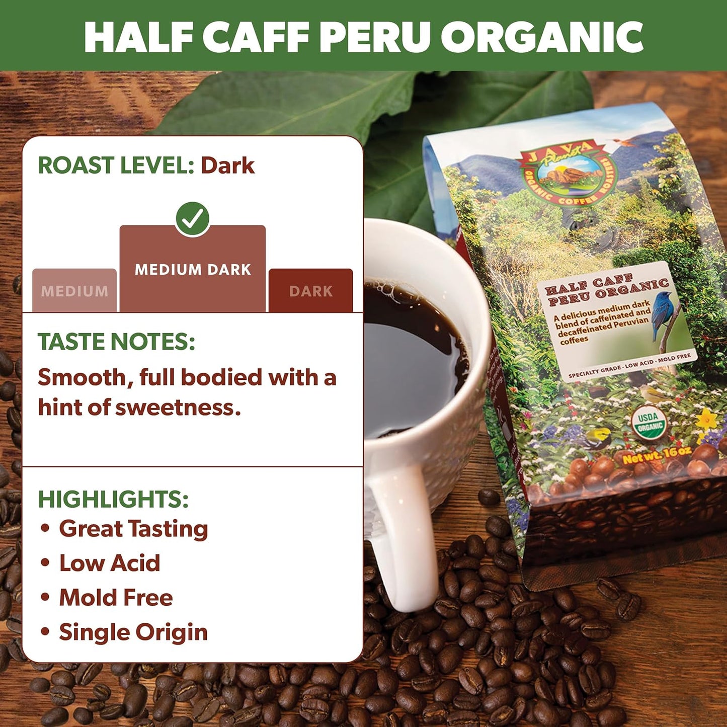Low Acid Organic Coffee – Whole Bean, Mold-Free & Stomach Friendly by Java Planet, Peruvian Single Origin Half Caff Coffee, Medium Dark Roast, Arabica Gourmet Coffee Grade A, 1LB Bag