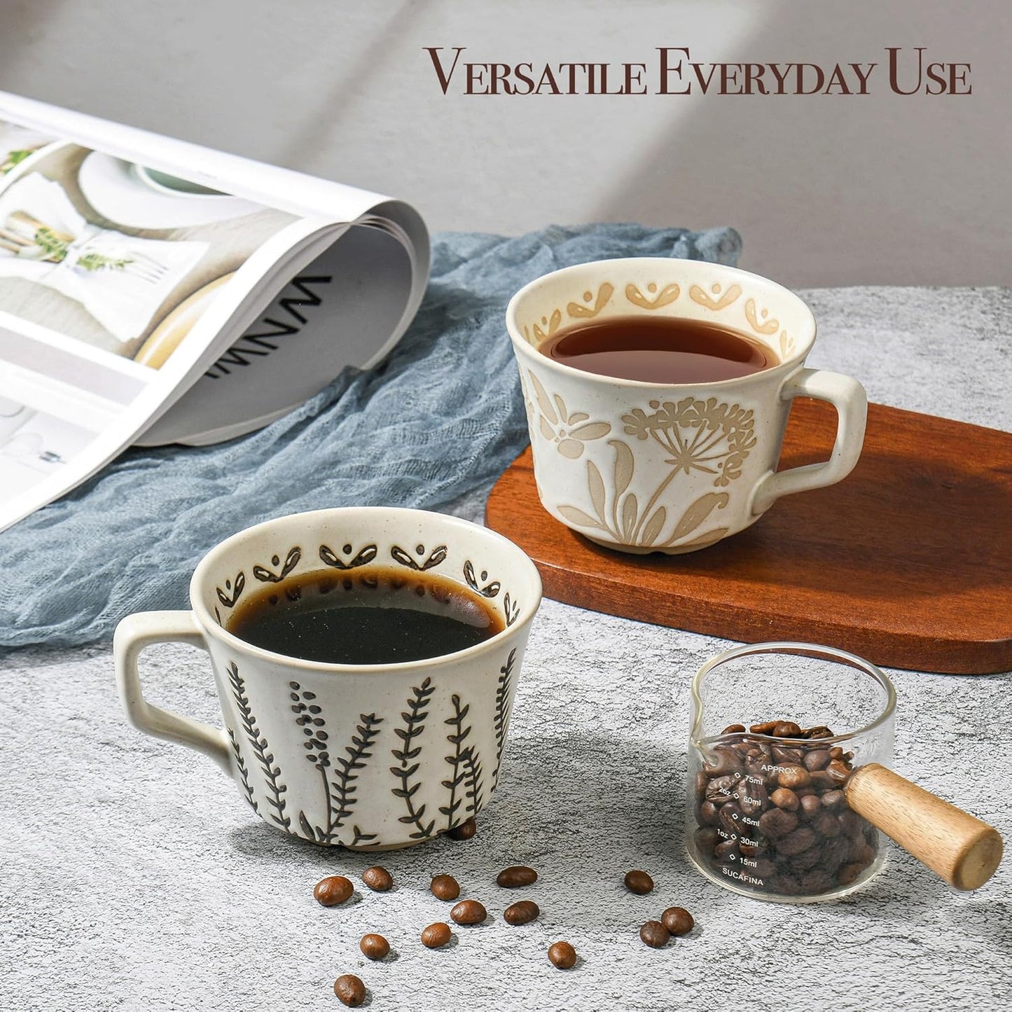 Ceramic Coffee Mug, 12 oz Novelty Unique Teacup with Large Handle, Stoneware Cup for Tea Mocha Latte Cappuccino Espresso (Grass)