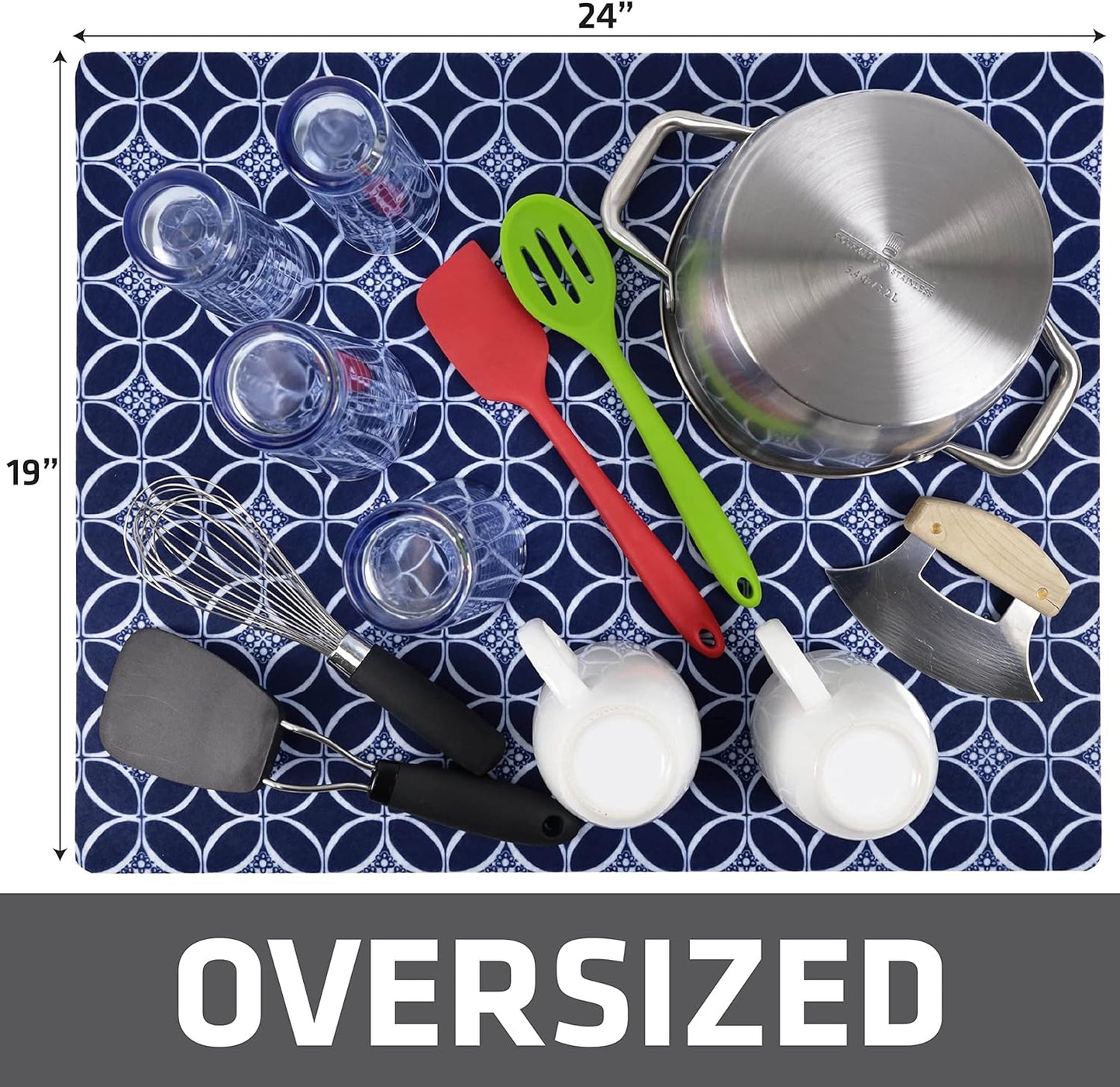 Drymate XL Dish Drying Mat, Oversized (19”x24”), Low-Profile, Super Absorbent, Quick Dry Fabric, Waterproof & Slip-Resistant, for Kitchen Counter, Trimmable, Easy to Clean (USA Made)(Indigo)