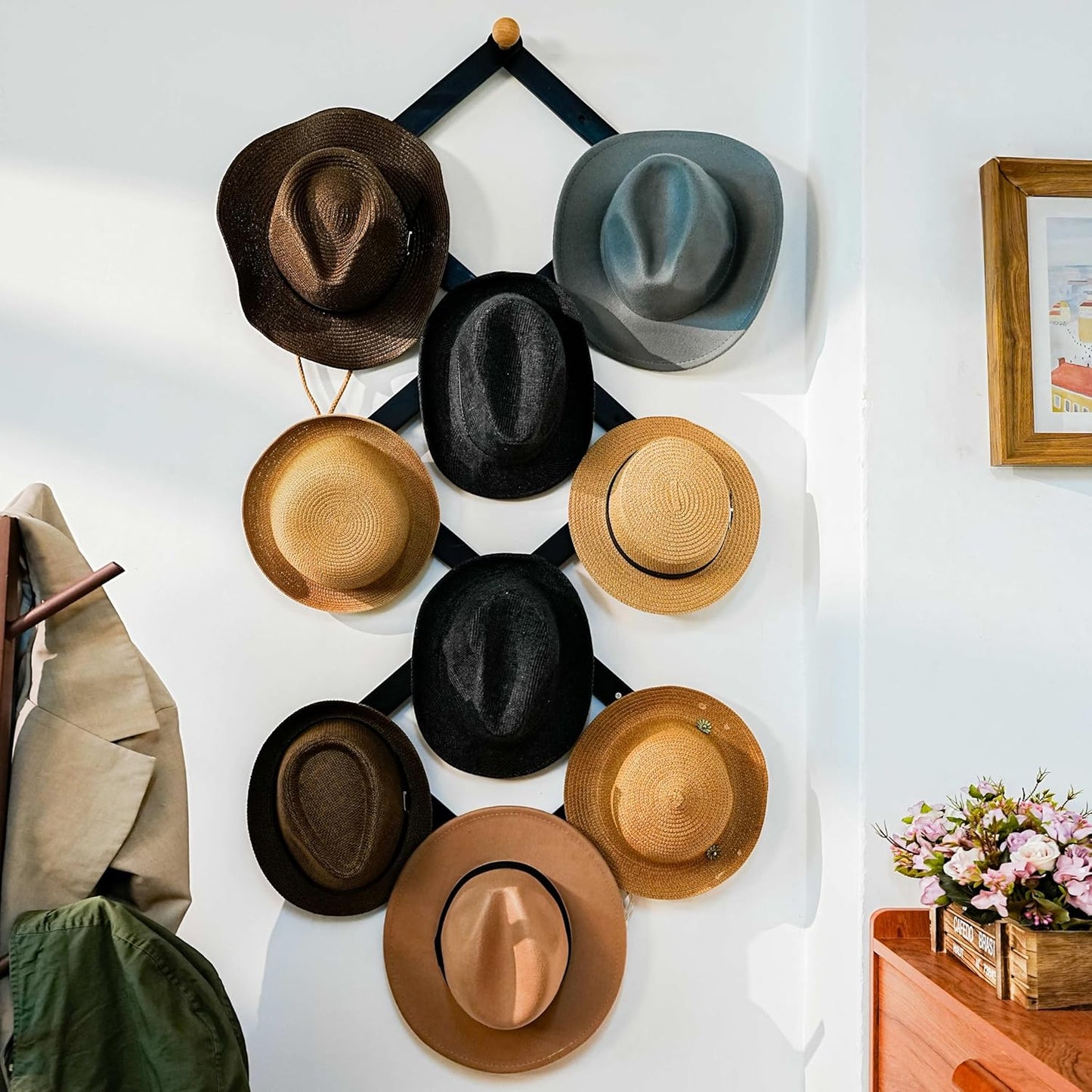 Dseap Expandable Coat Rack (Larger Version) - 24” High, Anti-Slip, Ultra Heavy Duty Wooden Accordian Wall Hanger with 10 Study Peg Hooks for Clothing Hats Jackets Bags, Black/Natural