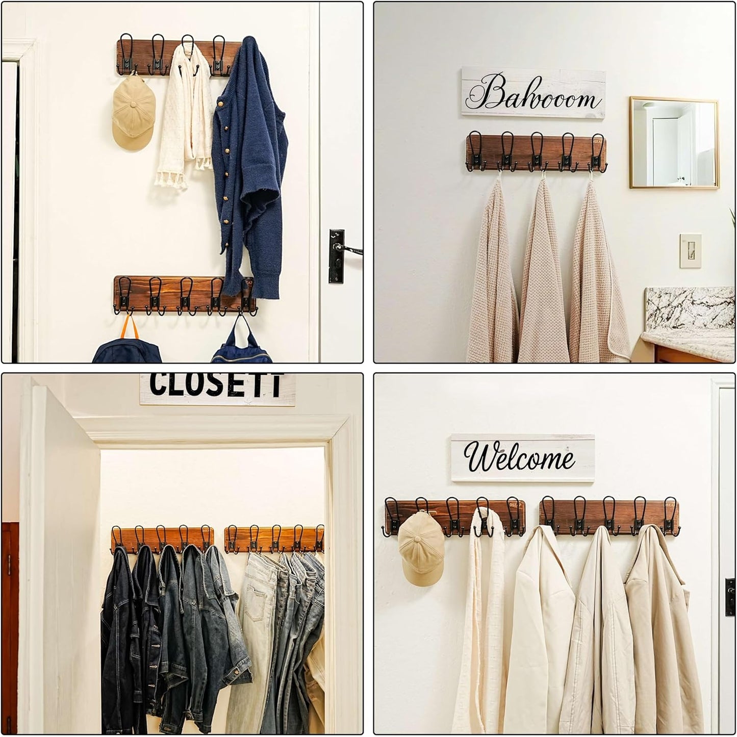 Dseap Coat Rack Wall Mounted - Heavy Duty Farmhouse Rustic Wall Coat Hanger with 5 Wire Hooks for Clothes Hat Jacket Towel, RusticWire, J1-5A, Rustic Brown & Black, Pack of 2