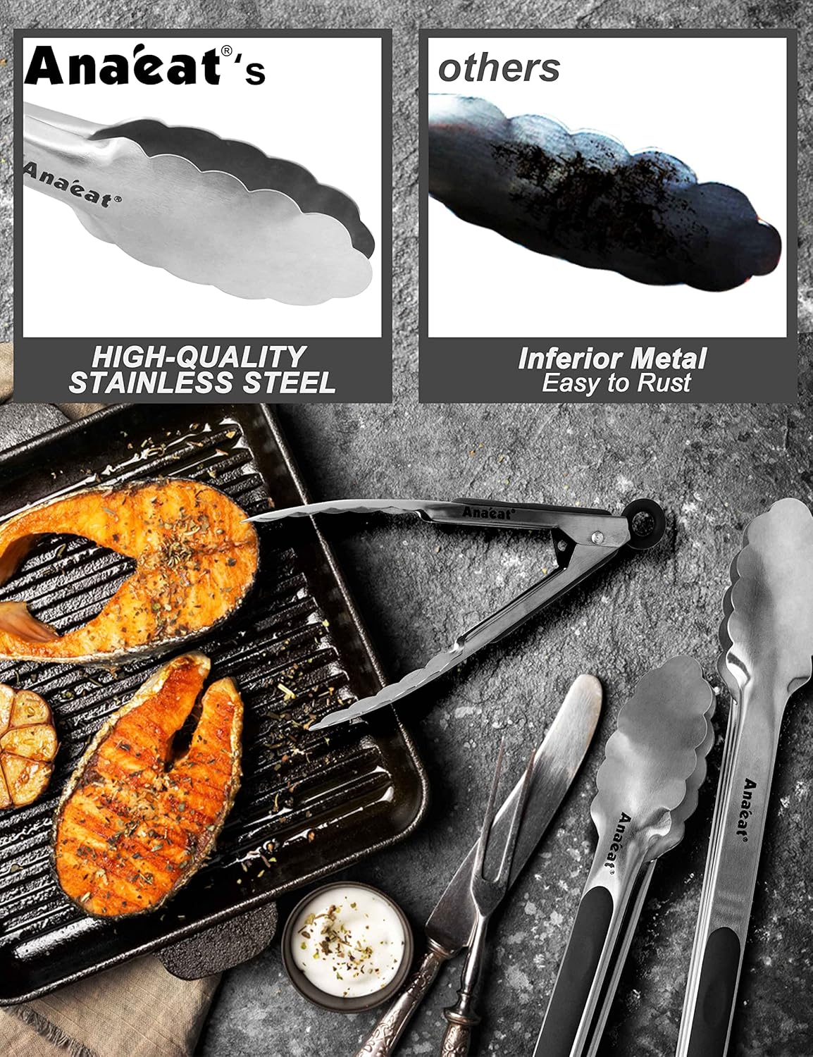 Anaeat Premium Stainless Steel Kitchen Tong Set of 2 - Sturdy Coiled Spring 9" and 12" Locking Food Tong with Non-Slip Silicone Grip for Cooking, Baking, Grilling, BBQ - Heat Resistant up to 480¡ÆF