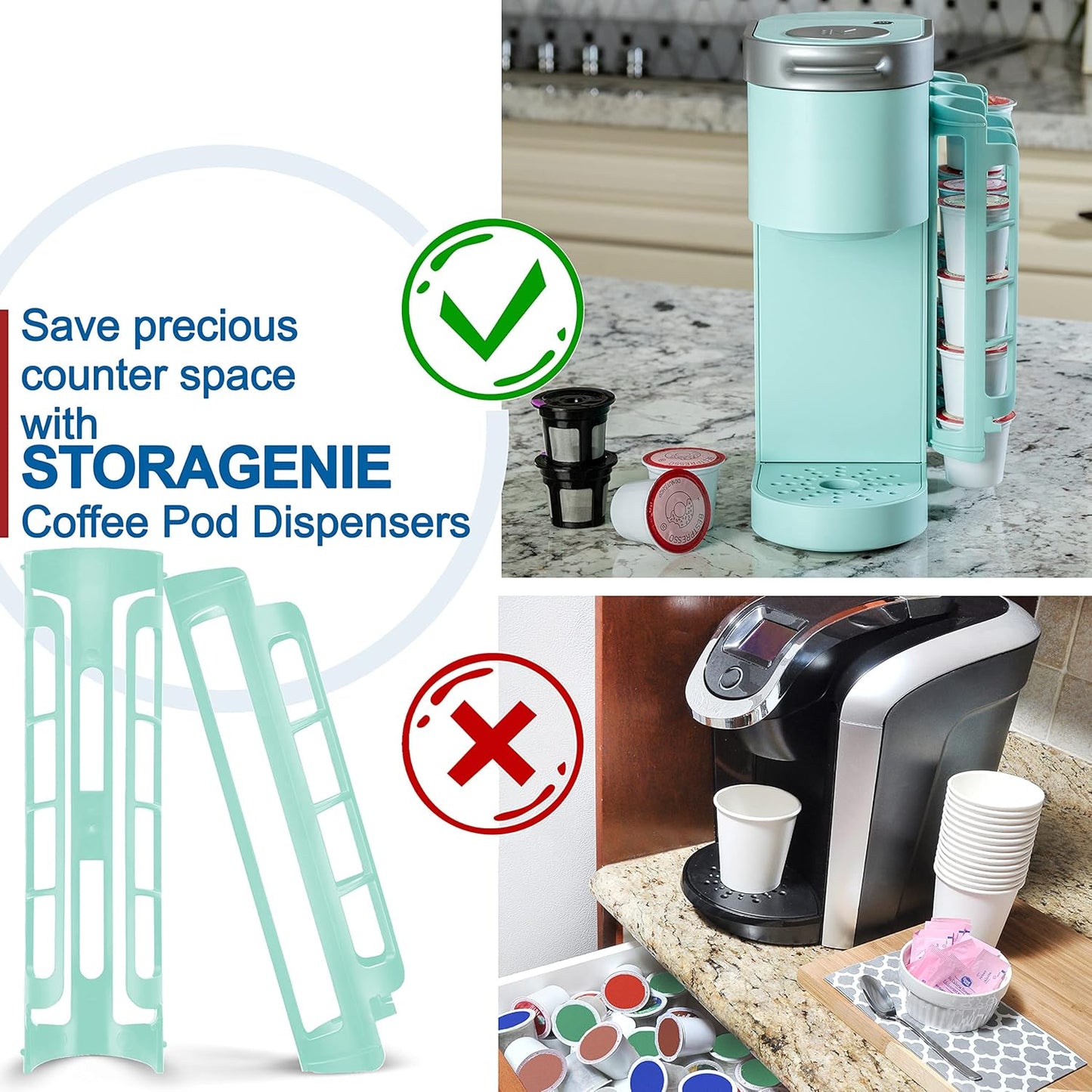 STORAGENIE K Cup Holder for Keurig K-cup,Coffee pod Storage, Side Mount | Wall Mount, Perfect for Small Counters (3 Rows/For 15 K Cups, OASIS BLUE)