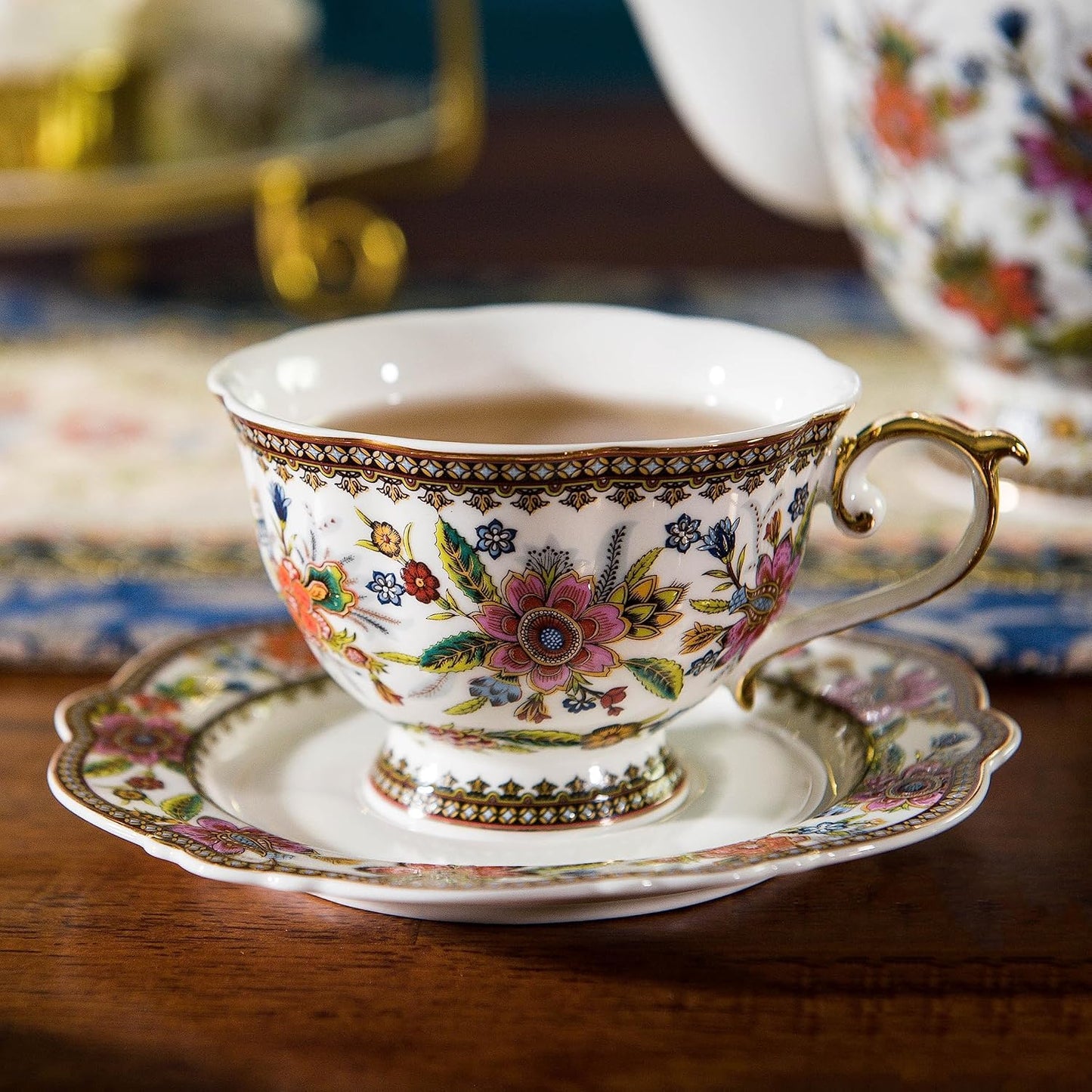 ACMLIFE Bone China Tea Cup and Saucer Set for 1, Vintage Floral Tea Cup with Saucer, Spoon and Gift Box, 6.8 oz (Pink-A)