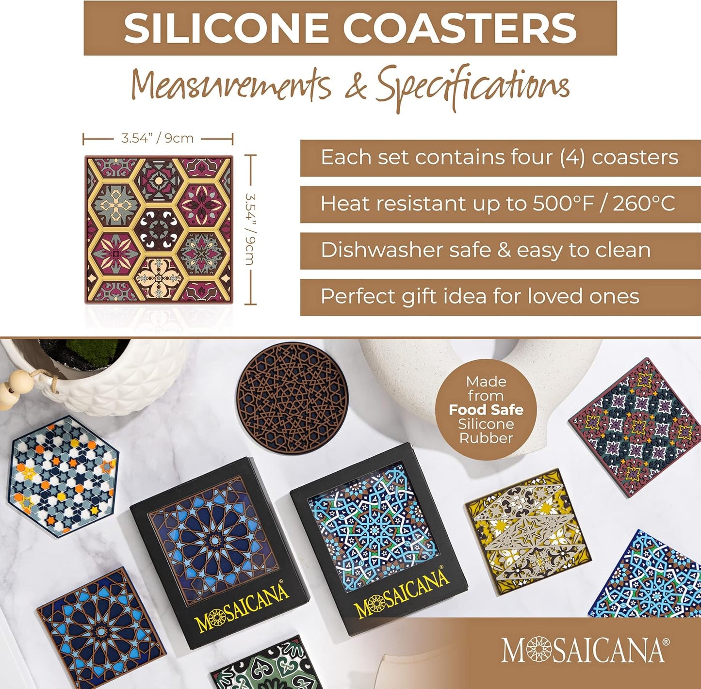 Coasters for Drinks – Set of 4 Coasters, Silicone, Protect Against Water Marks or Damage - Fit All Cups, 3.5" Inch Size Fits, Colored Coasters (Burgundy)