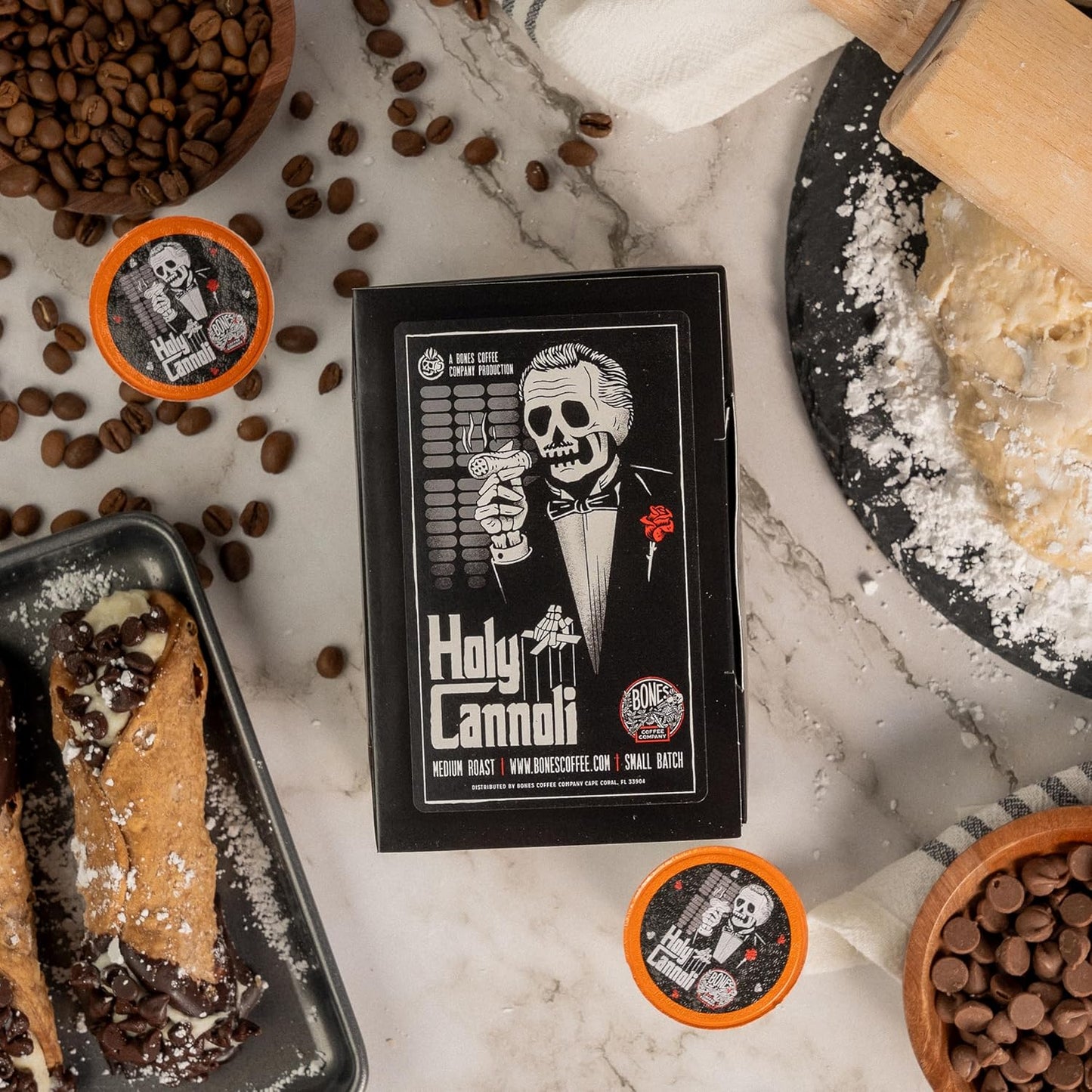 Bones Coffee Company Flavored Coffee Bones Cups Holy Cannoli Flavored Pods | 12ct Single-Serve Coffee Pods Compatible with Keurig 1.0 & 2.0 Keurig Coffee Maker