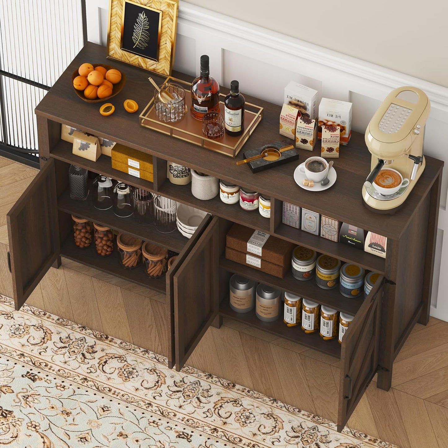 Buffet Sideboard with Storage Farmhouse with 4 Doors, 55'' Large Kitchen Storage Cabinet Wood Coffee Bar Cabinet Buffet Table with Shelves for Kitchen, Dining Room, Entryway (Brown, 55in)