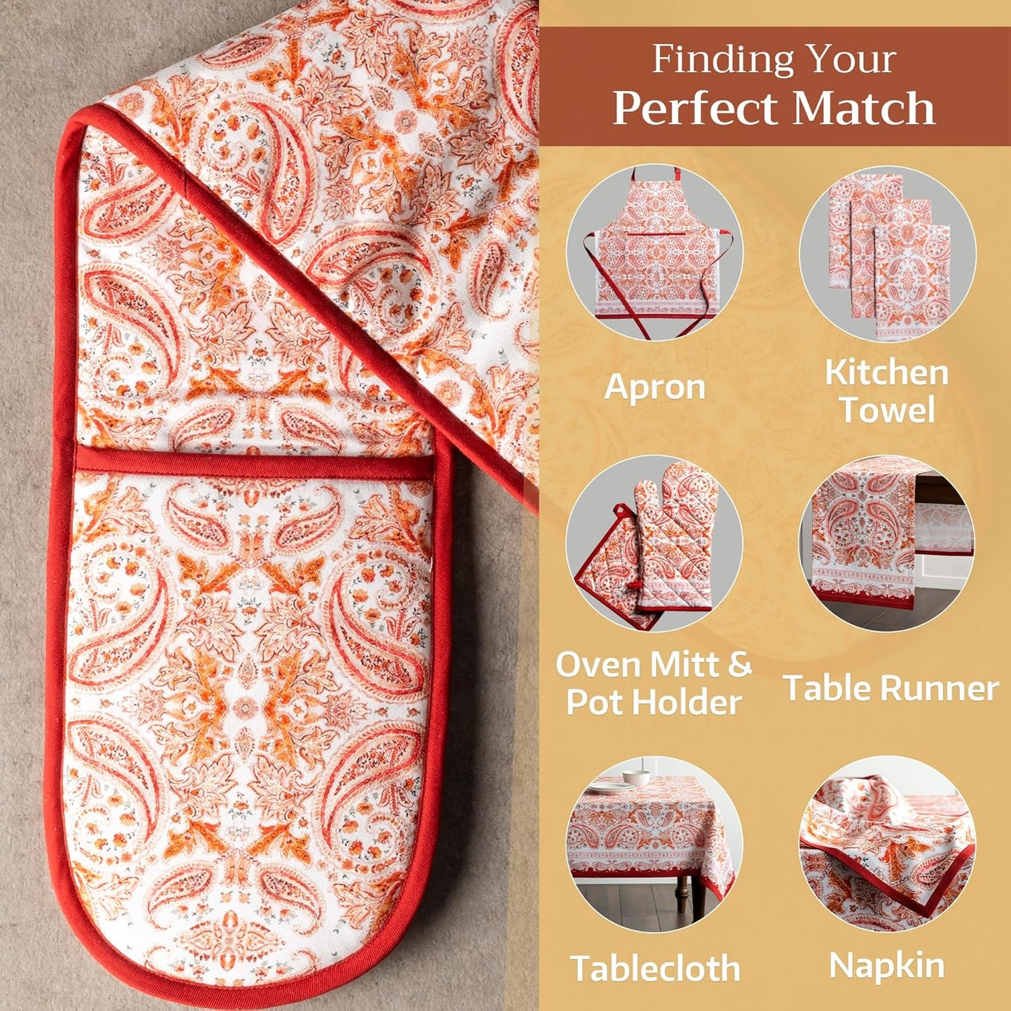 Maison d' Hermine Double Oven Mitts 100% Cotton 7"x35" Double Oven Mitt Heat Resistant BBQ Cooking Gloves with Loop, Baking, Grilling, Home, Kitchen, Handling Hot Pans (Orient)