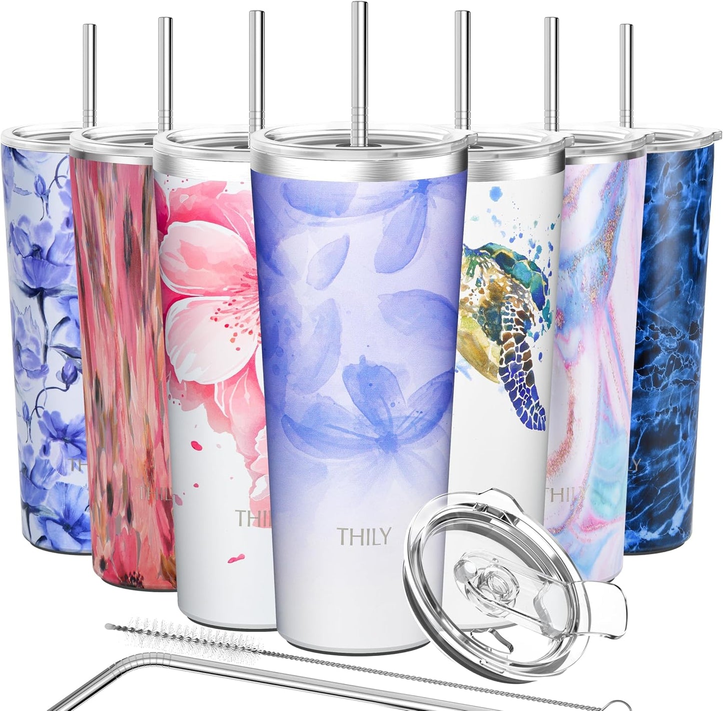THILY Stainless Steel Vacuum Insulated Tumbler Travel Mug 26 oz Coffee Cup with 2 Lids and Straws, Splash Proof, Keep Ice Drinks Cold, Violet Leaves