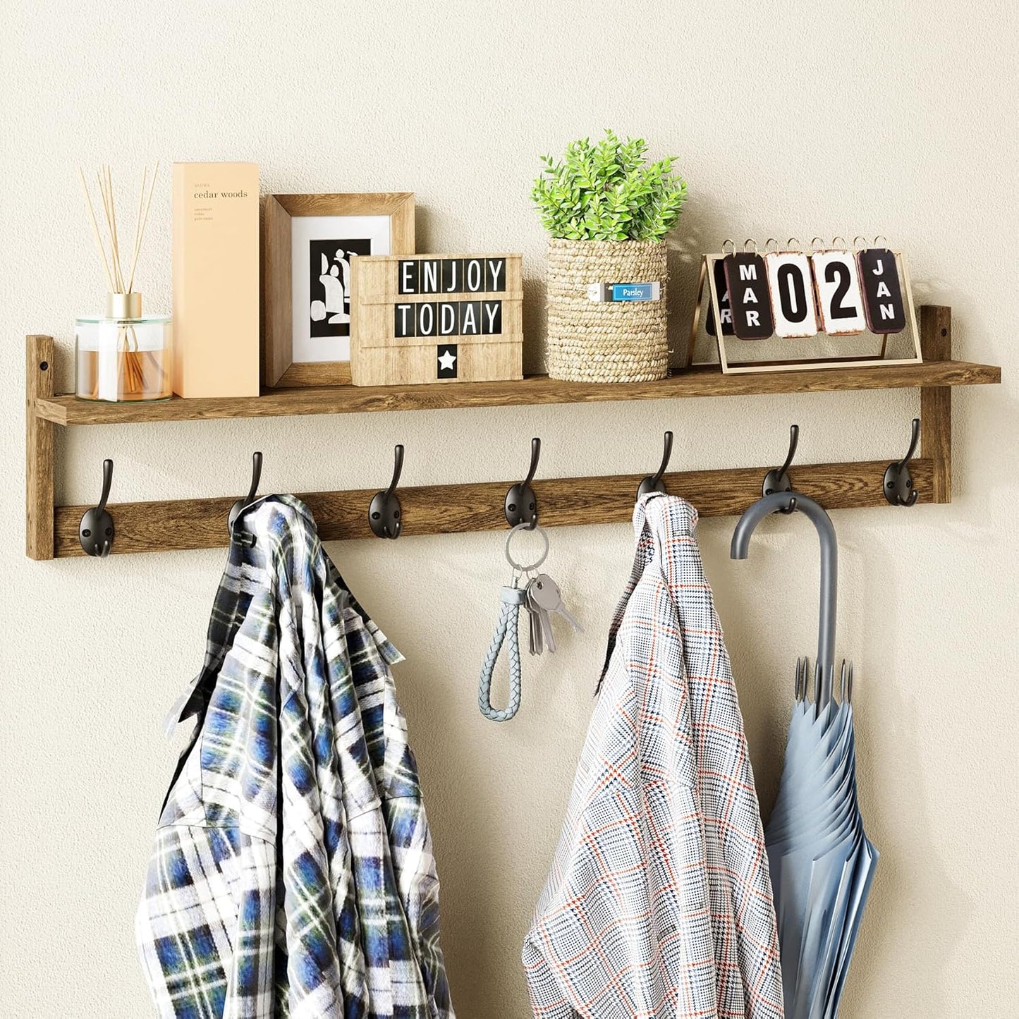 BAMEOS Coat Rack Wall Mount, Large Wooden Coat Hooks with Shelf, 35" L, 7 Dual Metal Hooks for Entryway, Bathroom, Kitchen, Living Room, Bedroom