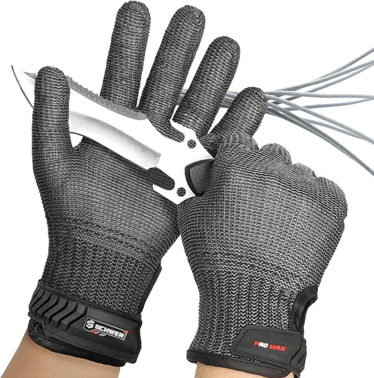 Schwer Ultimate Cut Resistant Gloves Beyond ANSI A9, Reinforced Stainless Steel Glove, Food Grade Mesh Metal Gloves for Butcher Meat Cutting, Oyster Shucking, Mandoline, PR1708 (L, 50 Pairs)