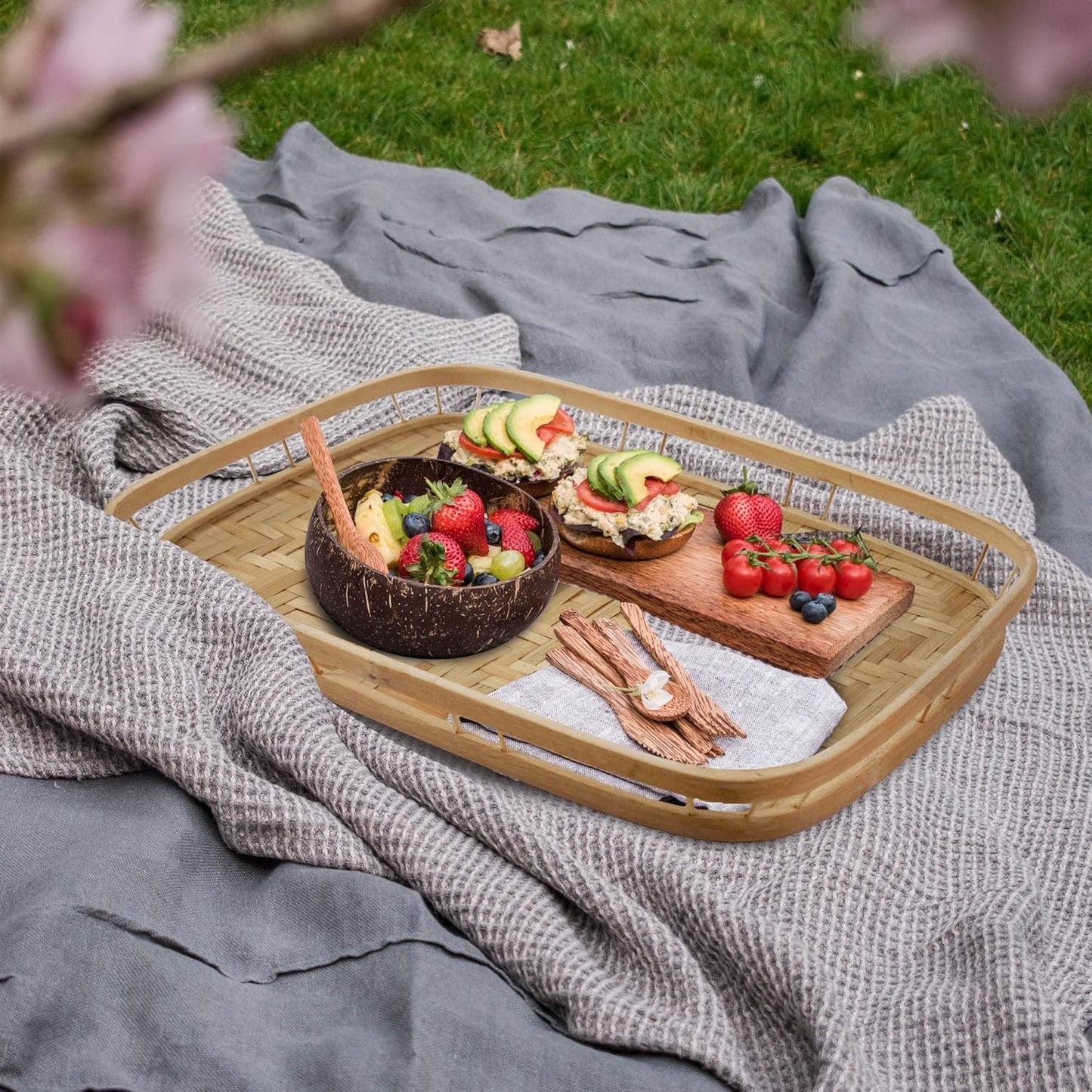 PEMAR Set of 4 Bamboo Wicker Serving Trays for Foods & Drinks, Rectangular Breakfast Lap Trays with Handles Wooden Decorative Platters for Coffee Table, Bed Eating