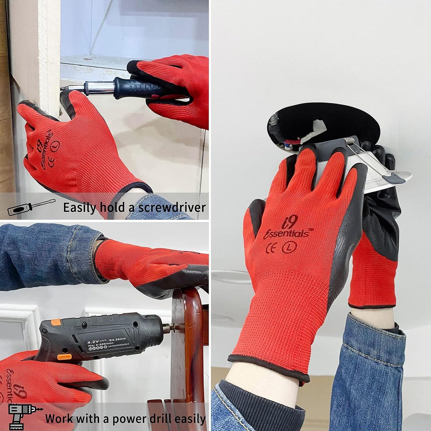 I9 Essentials Nitrile Coated Work Gloves - 12 Pairs Large, Durable, Breathable Safety Gloves for Construction, Gardening, Carpentry – Washable, Reusable for men and women