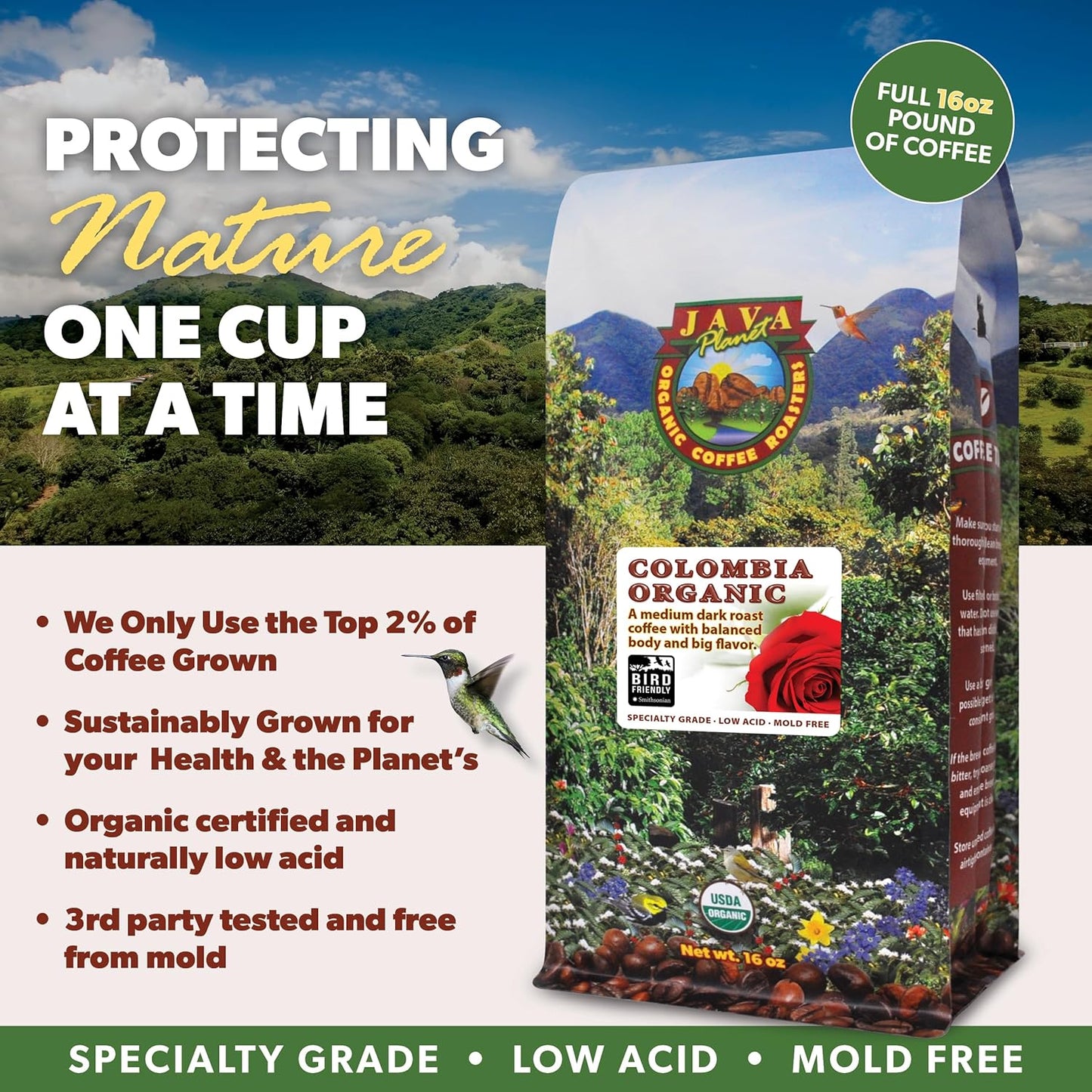 Low Acid Organic Coffee – Whole Bean, Mold-Free & Stomach Friendly by Java Planet, Colombian Single Origin Coffee, Medium Dark Roast, Smooth Full Flavored, 1LB Bag