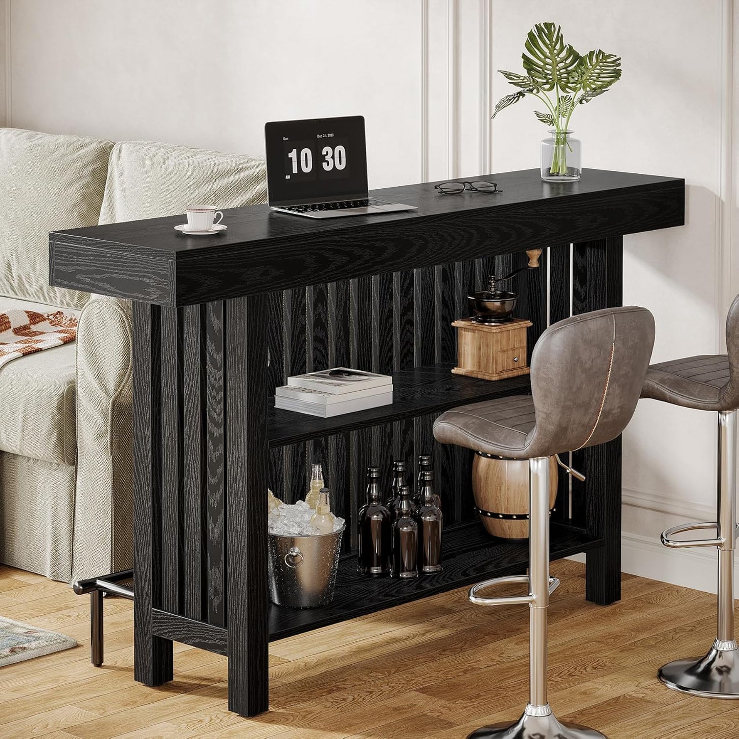 Tribesigns Black Large Home Bar Unit, 2-Tier Mini Bar Table Height Pub Table with Footrest, 63-Inch Modern Coffee Bar Cabinet for Home Kitchen, Bistro, Dining Room, Living Room