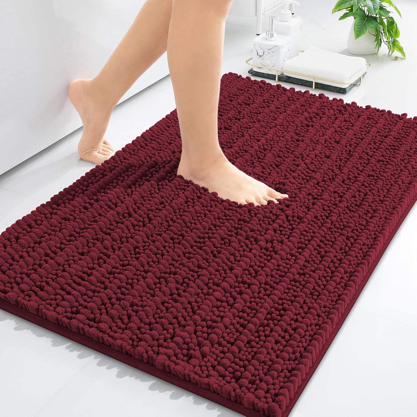 Arotive Luxury Chenille Bathroom Rug Mat, Extra Soft Thick Absorbent Shaggy Bath Rugs, Non-Slip Machine Wash Dry, Plush Bath Mats for Bathroom, Shower and Tub, 30x17, Burgundy