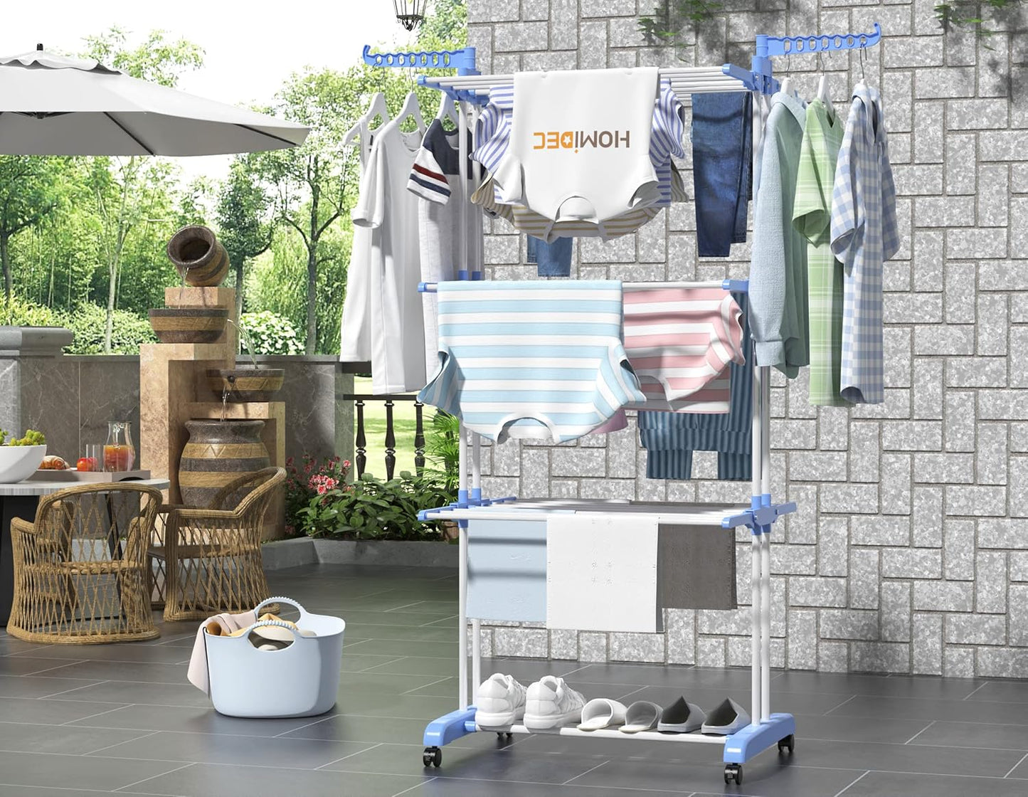 HOMIDEC Clothes Drying Rack, Large 4-Tier Foldable Drying Rack Clothing (67.7H x 19.7W x 30L Inches), Movable with 4 Castors. Multifunctional Stainless Steel Laundry Drying Rack, Blue