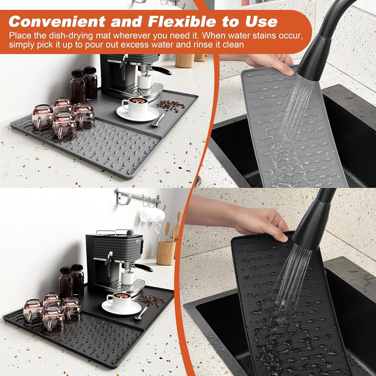 Silicone Coffee Mat, 24 x 16 Inch Non-Slip Heat Resistant, Large and Small Combination Bar Mat, Convex Edge Spill Resistant Design for Coffee Machines and Kitchen Countertops,Wave Pattern Black