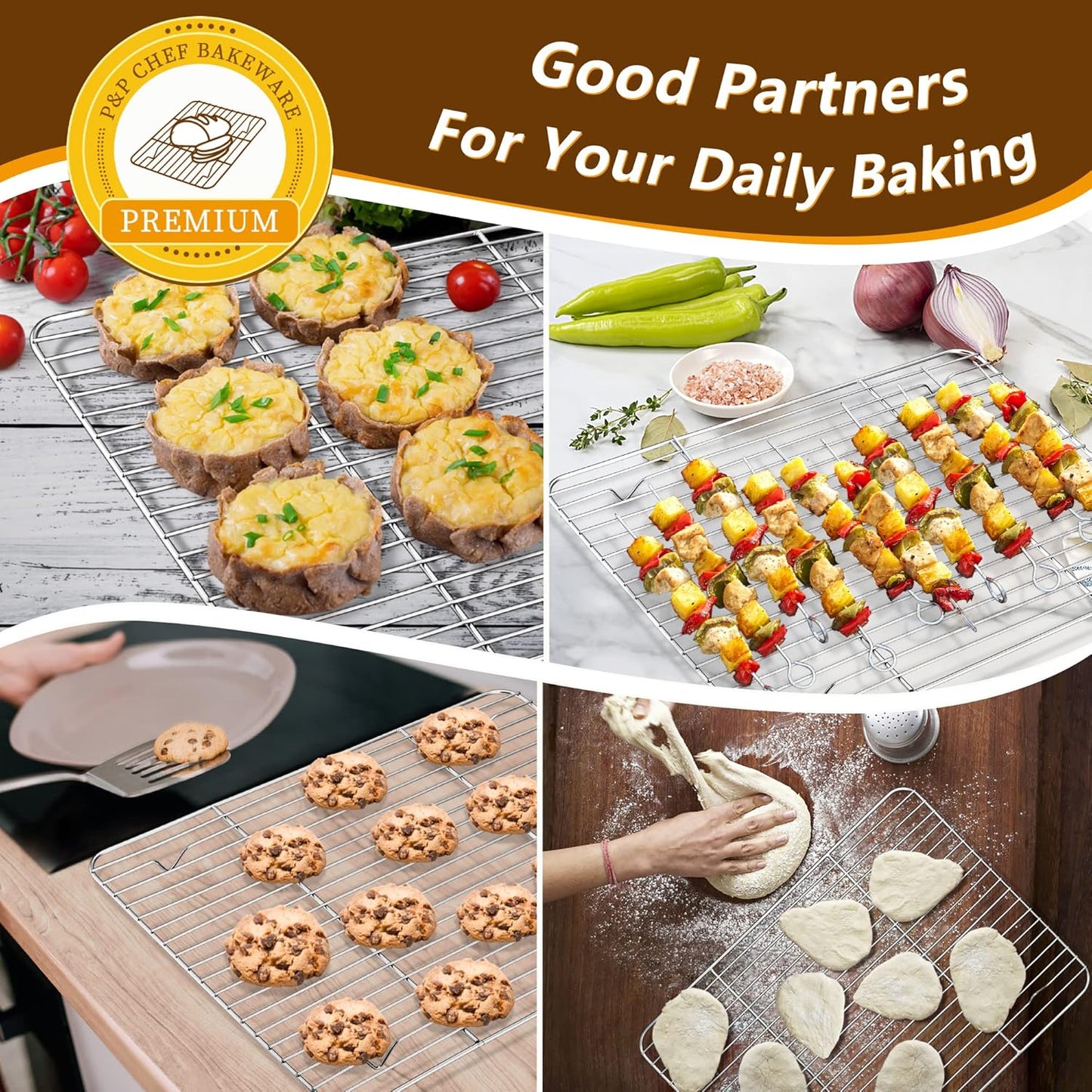 P&P CHEF 16 Inch Stainless Steel Baking Sheet with Rack Set (2 Pans+ 2 Racks), Cookie Sheets Baking Trays and Cooling Wire Racks, Oven & Dishwasher Safe, Pans with Flat Racks