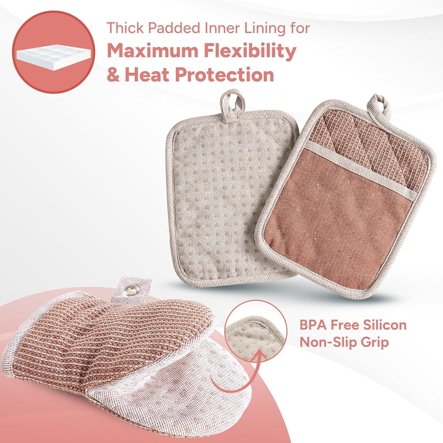 Casa Platino Potholders for Kitchens, 8-Piece – 500°F Heat Resistant Oven Mitts and Pot Holders, Mini Oven Mitts with Silicone Grip, 2 Kitchen Towels & 2 Dish Cloths – Durable & Non-Slip – Canyon Rose