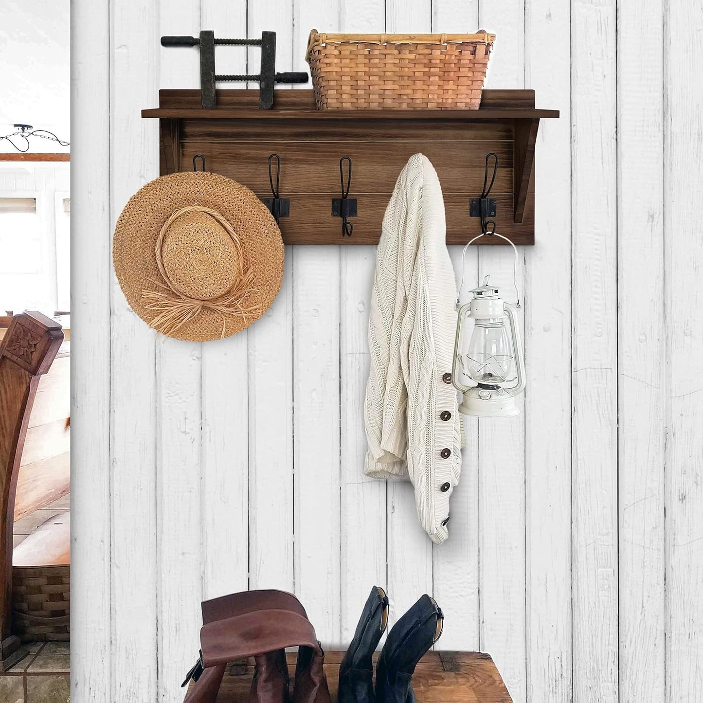 HBCY Creations Rustic Brown Solid Wood Wall Mounted Coat Rack with Shelf, 5 Hooks, 24" Long - Kitchen, Mudroom, Entryway, Bathroom - Includes Mounting Hardware, Coat Hanger, Dog Leash Hooks