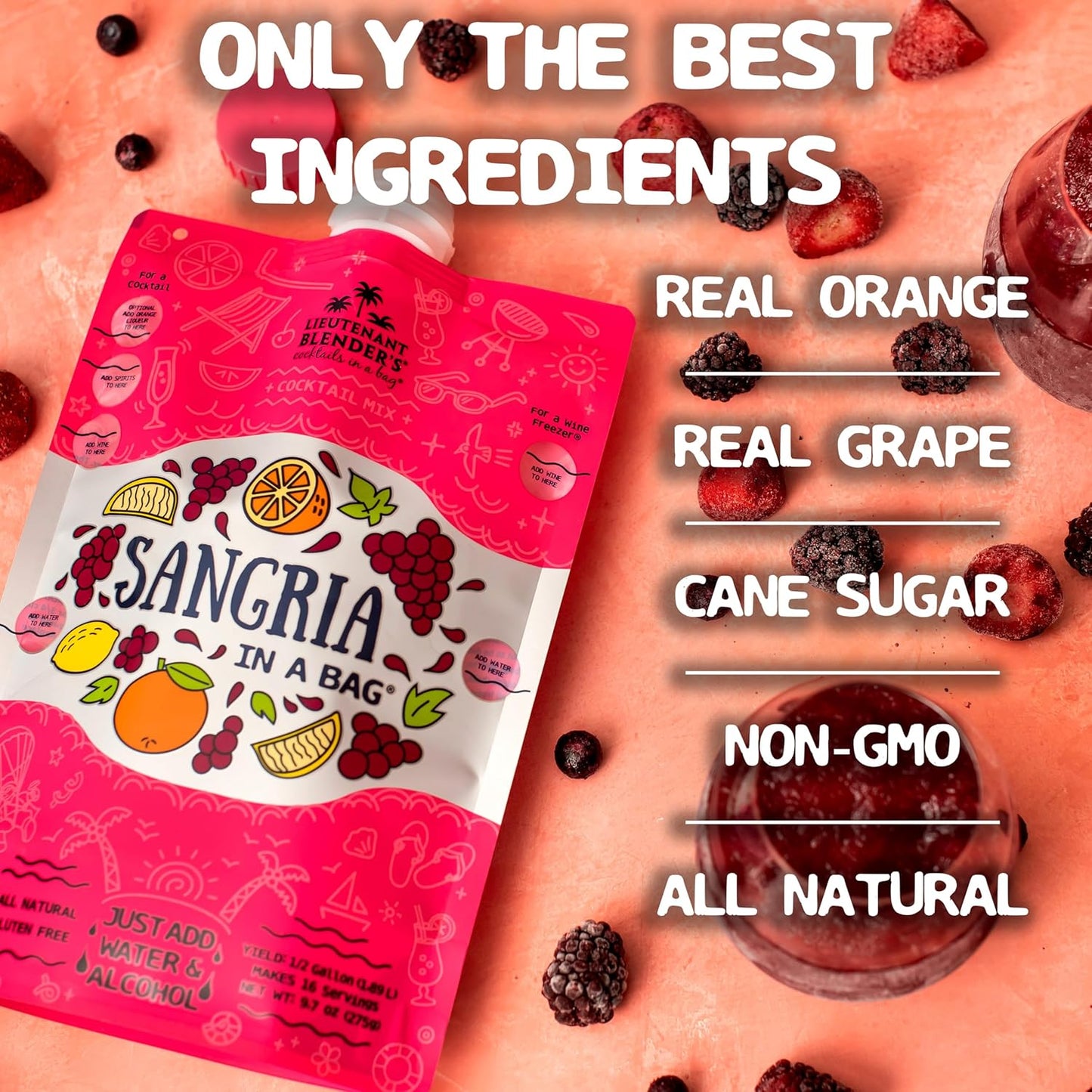 Lt. Blender's Sangria in a Bag – Wine Slushie Mixes - Each Bag Makes 1/2 Gallon of Frozen Red Sangria Mix – Non-GMO Wine Freezer Mix - Make with Wine, Liquor or as a Mocktail - (Pack of 5)