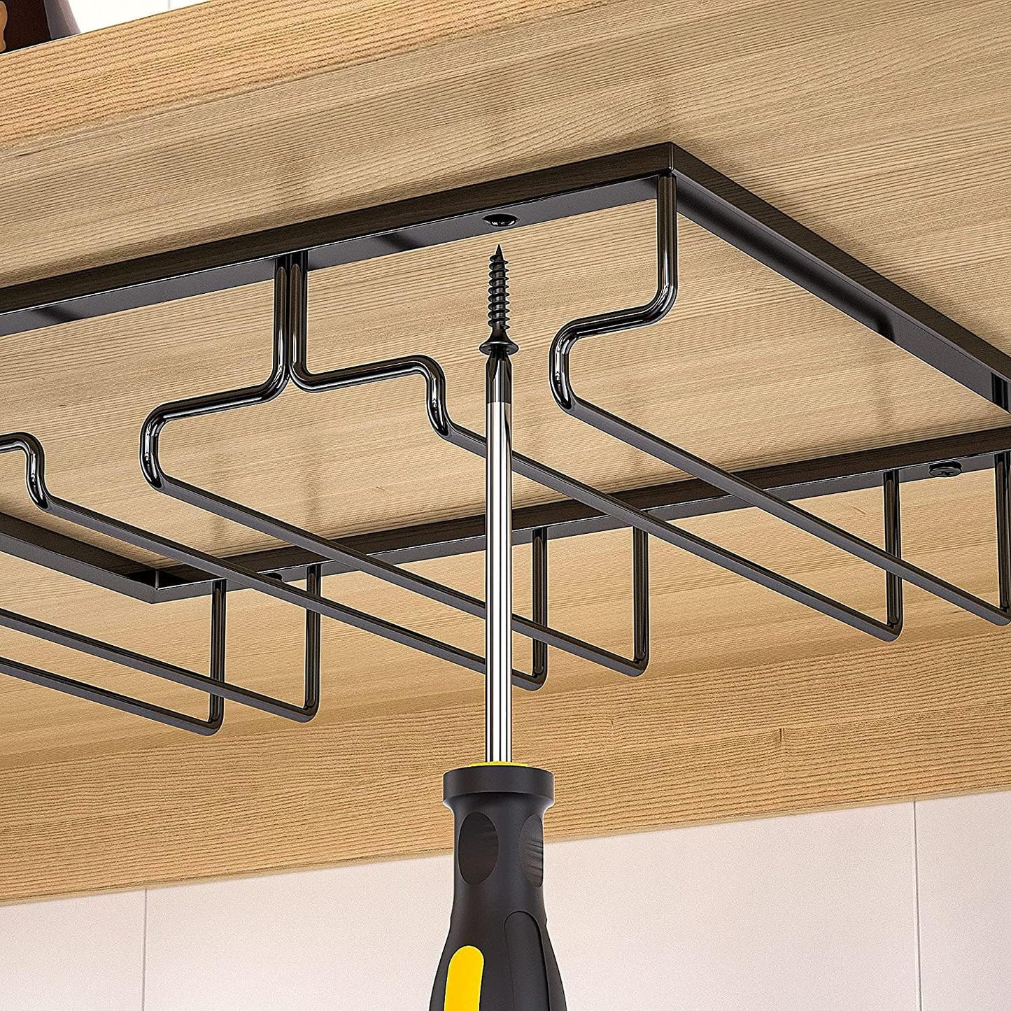 Wine Cup Holder Table Decoration Storage Hanger Metal Organizer for Bar Kitchen Stemware Rack Under Cabinet Stainless Steel Hanger Storage Shelf Black (Black, 3 Rows 2 Packs)