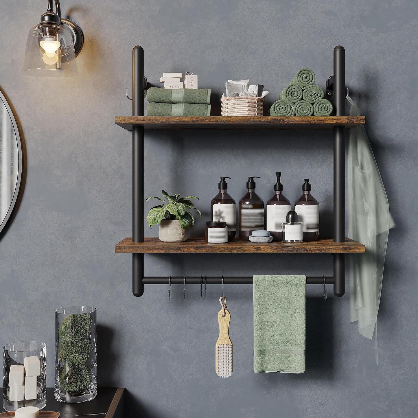 Bestier 24" Floating Kitchen Shelves Wall Mounted 2 Tier Coffee bar Shelves with 8 Hooks, Industrial Wall Shelf for Kitchen, Living Room Bedroom, Rustic Brown