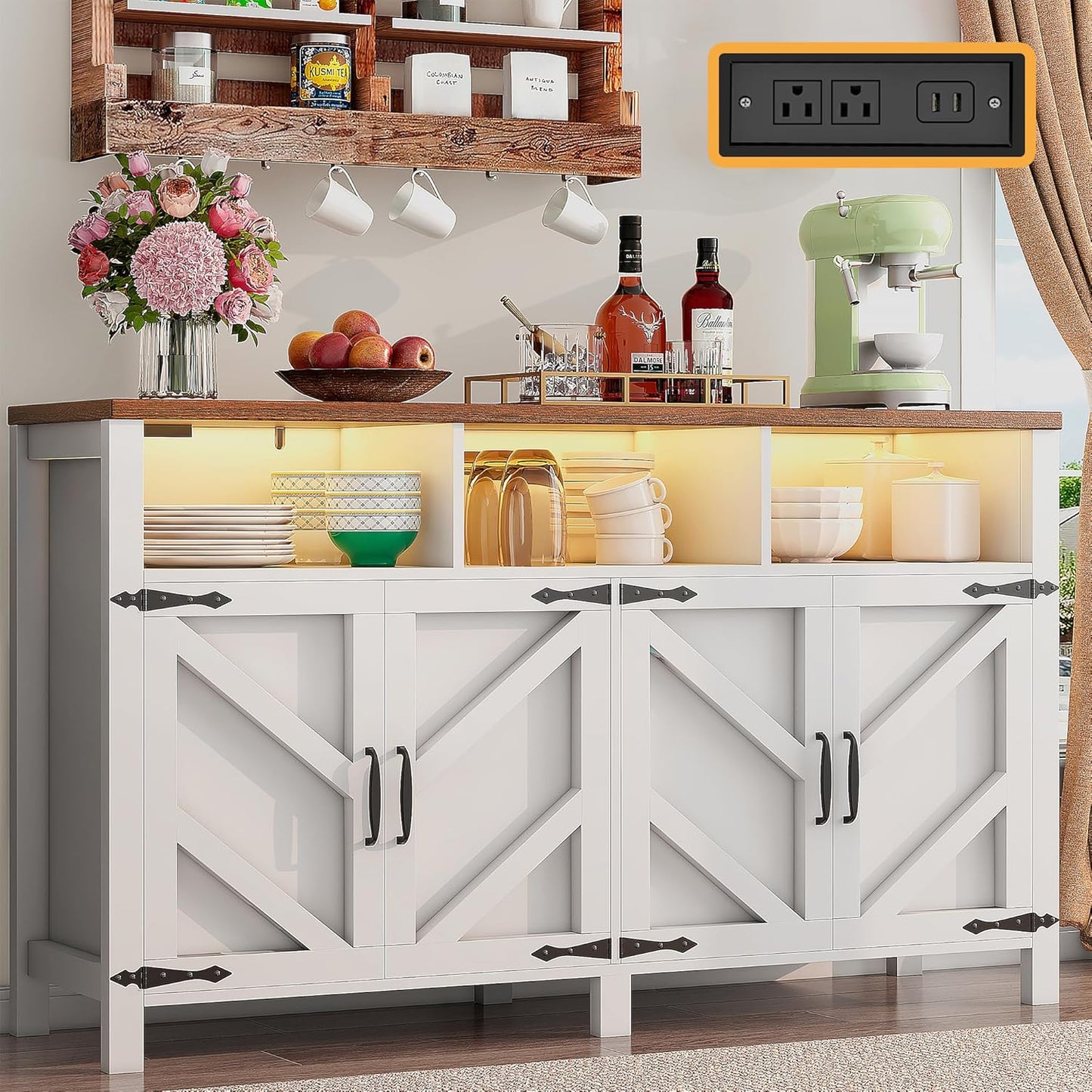 Buffet Sideboard with Storage with Power Outlets & LED Light 4 Doors, 55'' Large Farmhouse Kitchen Storage Cabinet Wood Coffee Bar Cabinet Buffet Table for Kitchen, Dining Room, Entryway