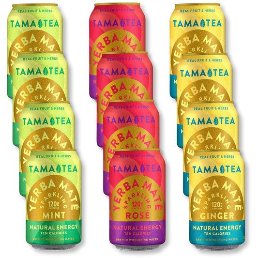 Sparkling Yerba Mate Variety Pack by Tama Tea - Unsweetened Natural Energy Drink with Real Fruit & Herbs - Healthy Caffeine Drink Alternative - 120mg of Caffeine, 10 Calories - 12oz Pack of 12