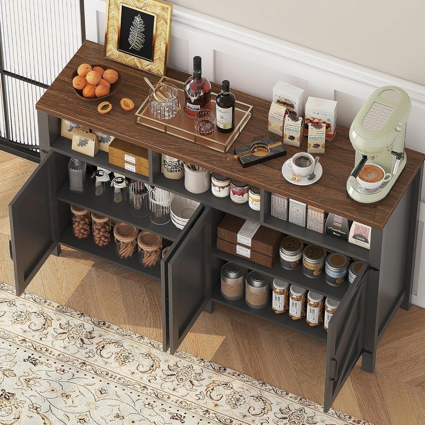 Buffet Sideboard with Storage Farmhouse with 4 Doors, 55'' Large Kitchen Storage Cabinet Wood Coffee Bar Cabinet Buffet Table with Shelves for Kitchen, Dining Room, Entryway (Black, 55 in)