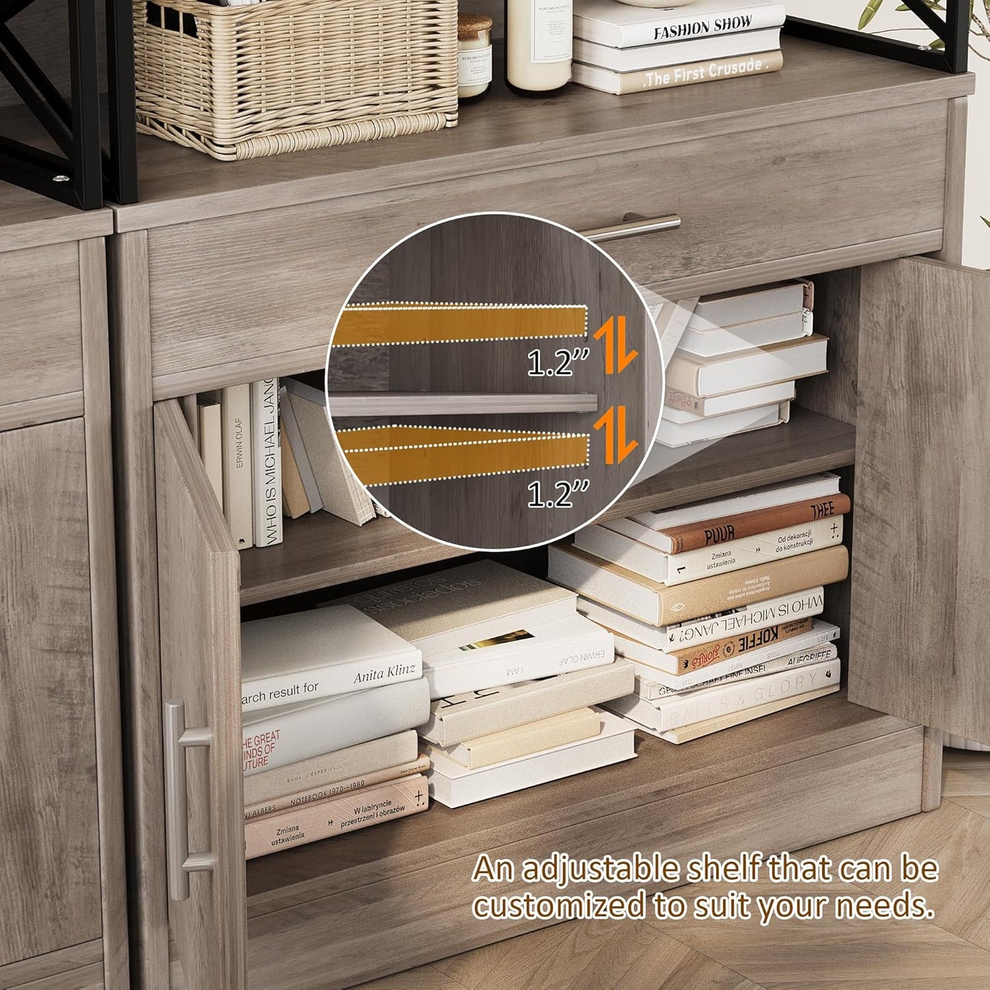 Vongrasig Sideboard Buffet Cabinet with Storage, 32” Modern Kitchen Storage Cabinet with Open Storage, Adjustable Shelf, Wood Farmhouse Coffee Bar Buffet Table for Kitchen, Dining Room, Ash Grey