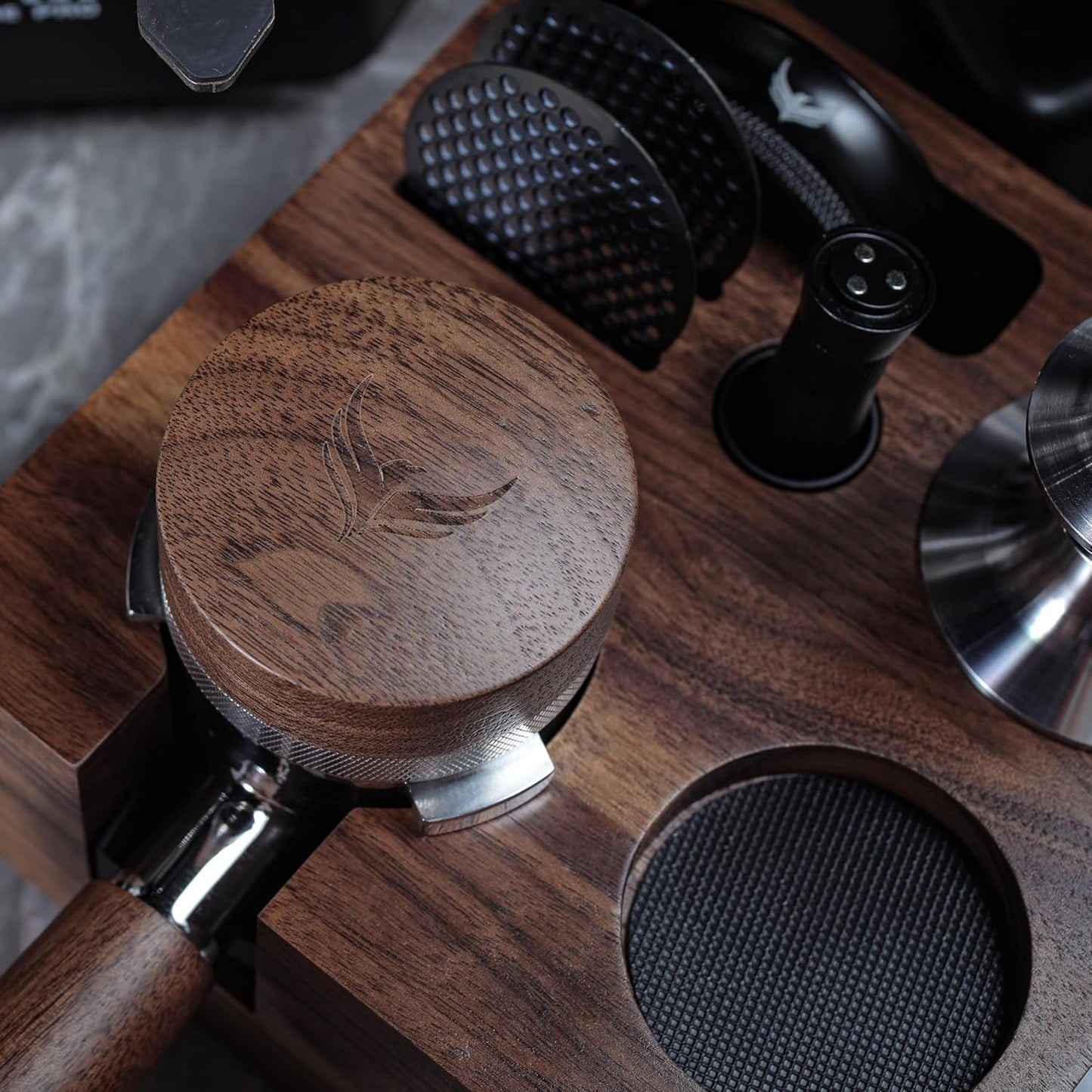 54mm Espresso Distribution Tool Walnut Coffee Distributor Adjustable Depth Stainless Steel Espresso Leveler Compatible with Breville Espresso Machines