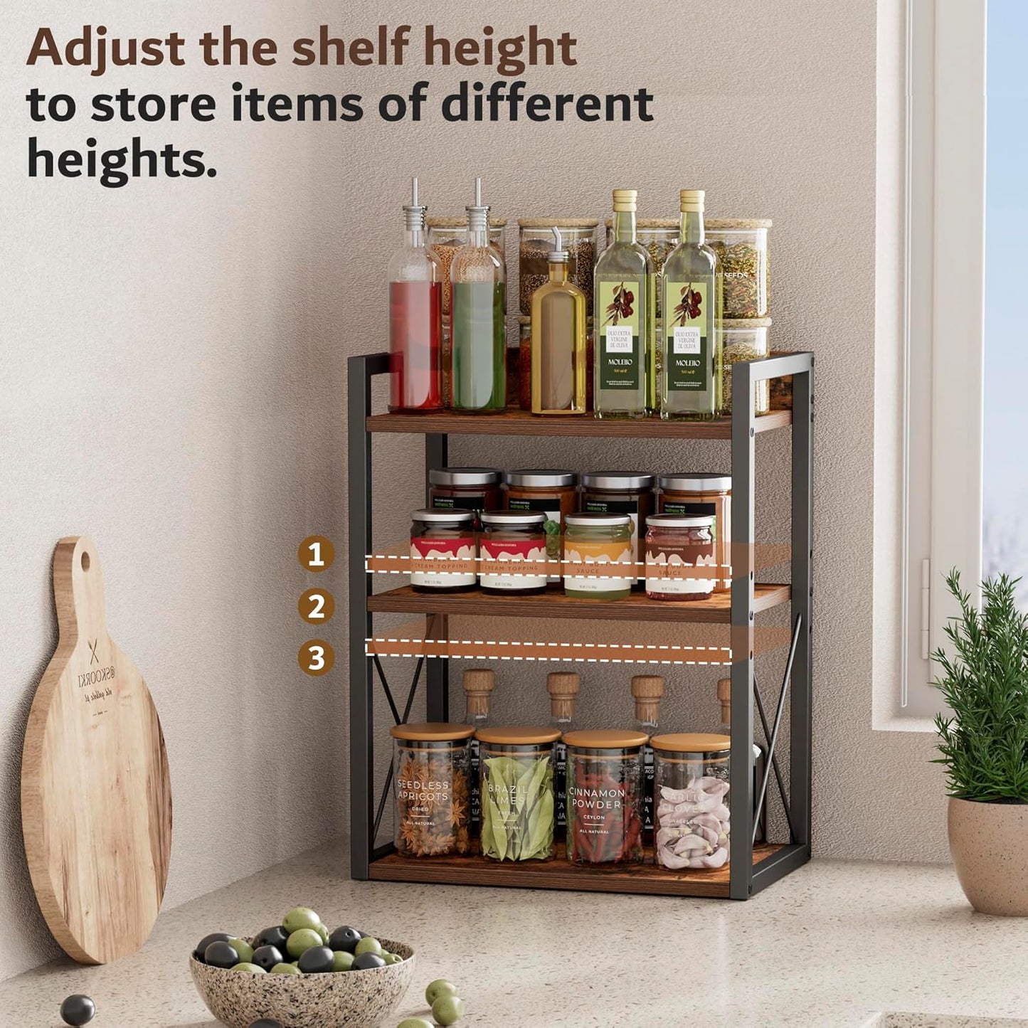 3-Tier Kitchen Spice Rack Organizer for Countertop, Coffee Counter Shelf, Mug Shelf, Bathroom Counter Organizer, Makeup Organizer, Rustic Brown and Black